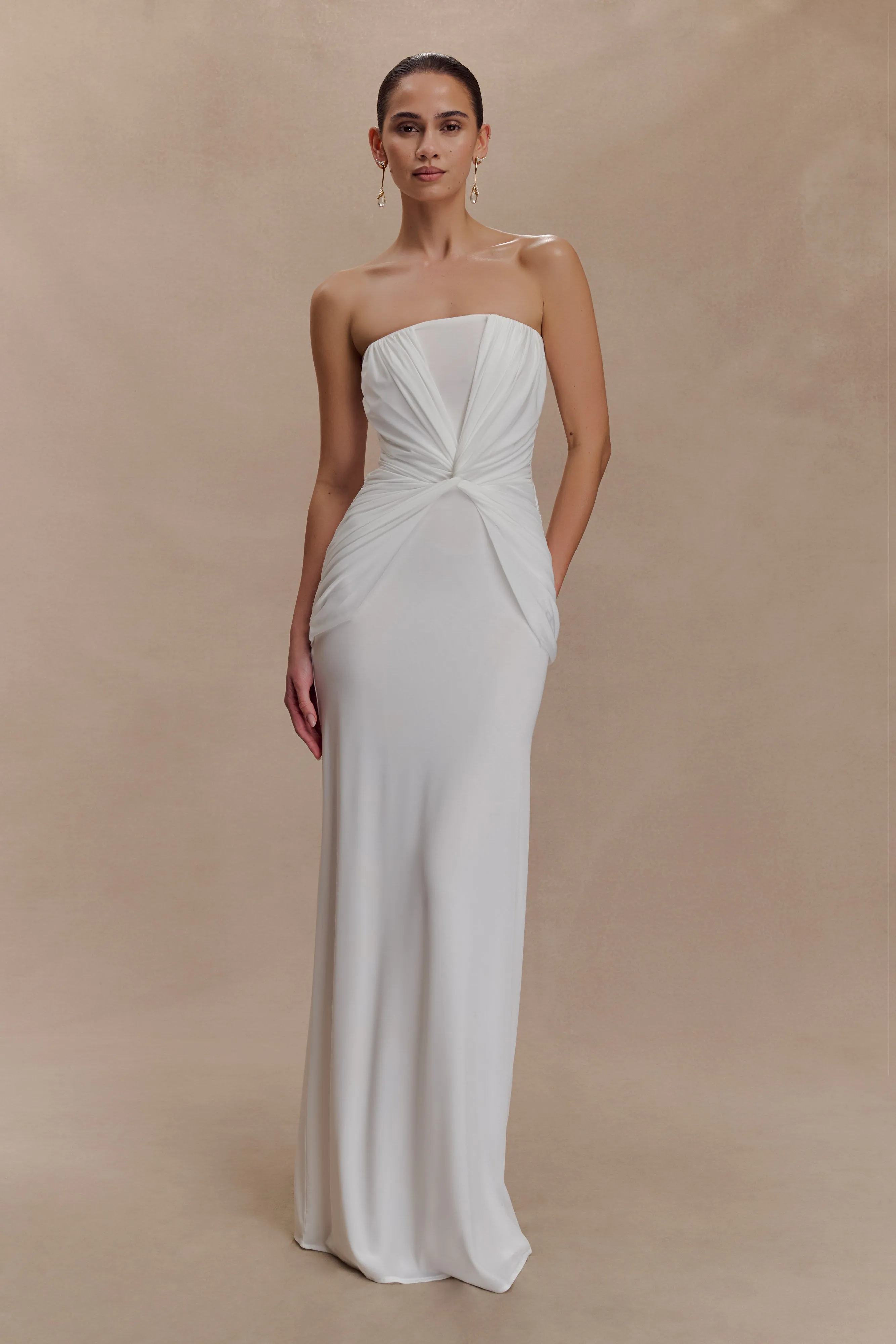 Textured Surface Mirren Strapless Slinky Maxi Dress - White