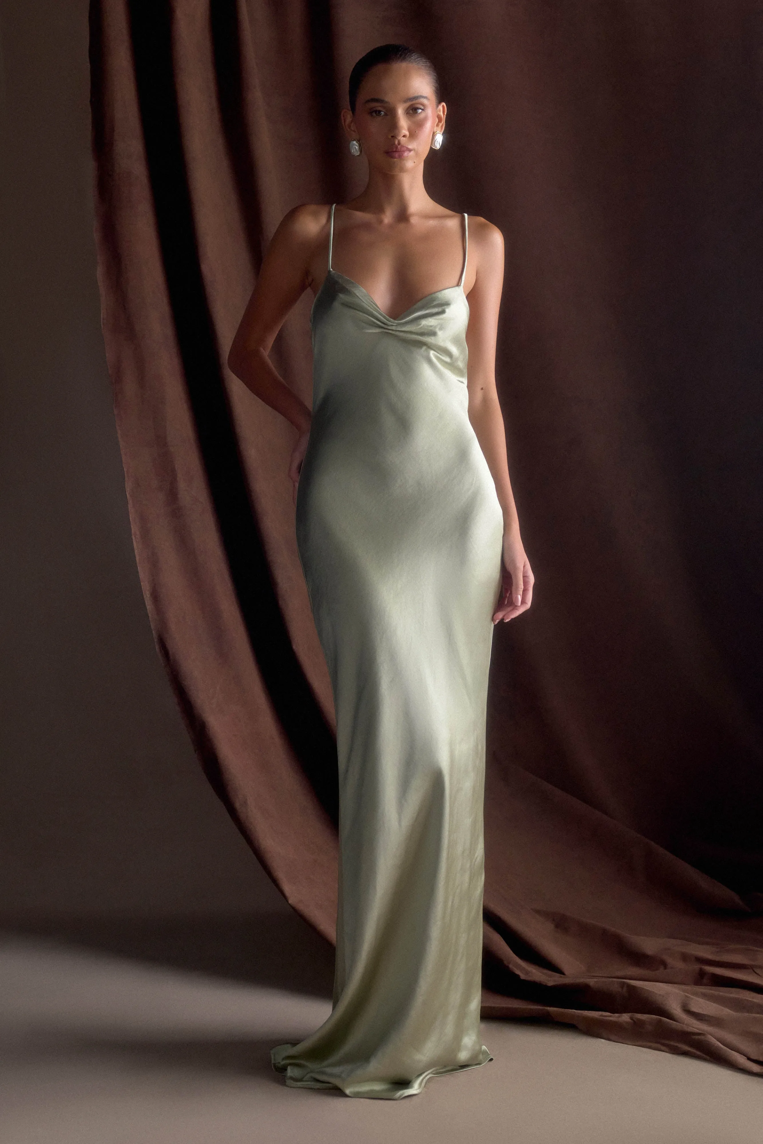Lilly Sweetheart Satin Maxi Dress - Sage Lounge Outfit Boxy-Style