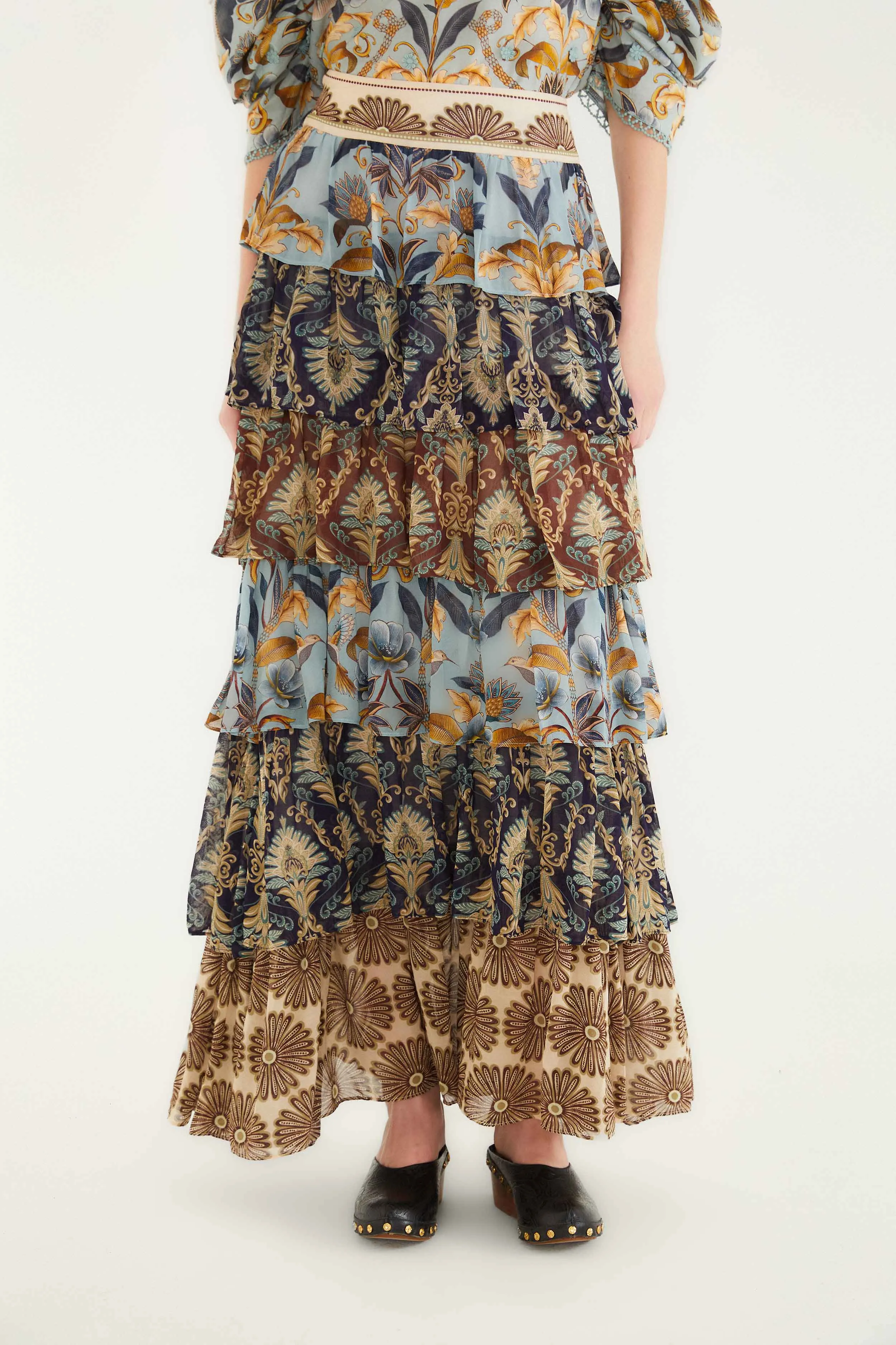 Romantic Vibe Mixed Scarves Ruffled Maxi Skirt