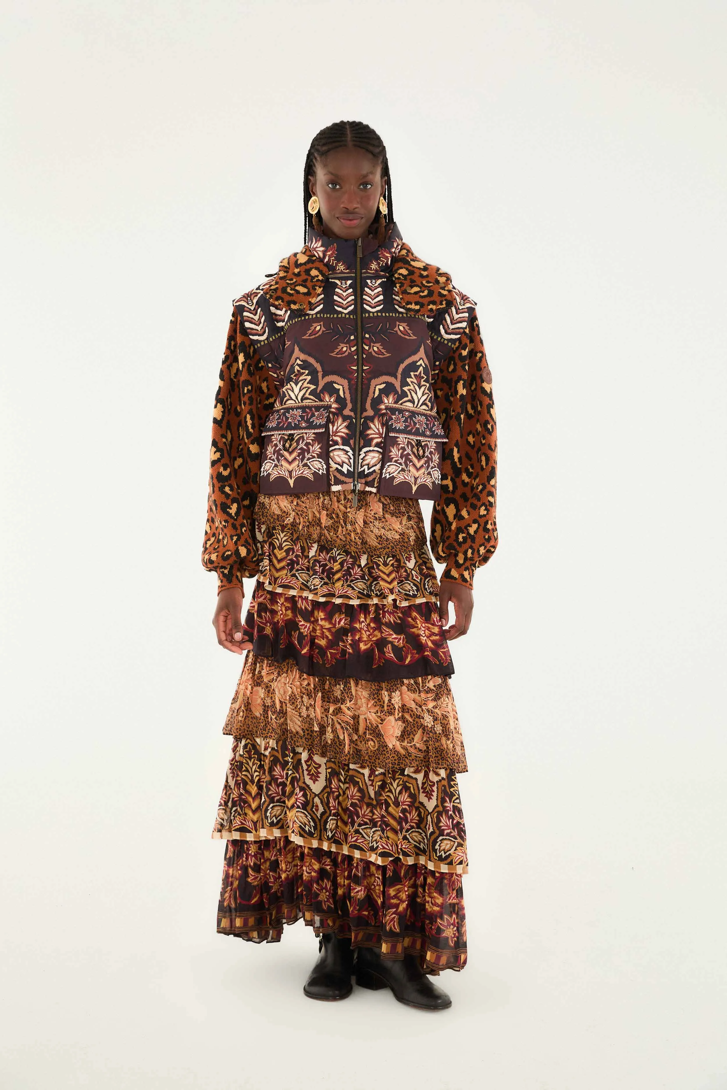 Ruching Details Mixed Scarves Ruffled Maxi Skirt