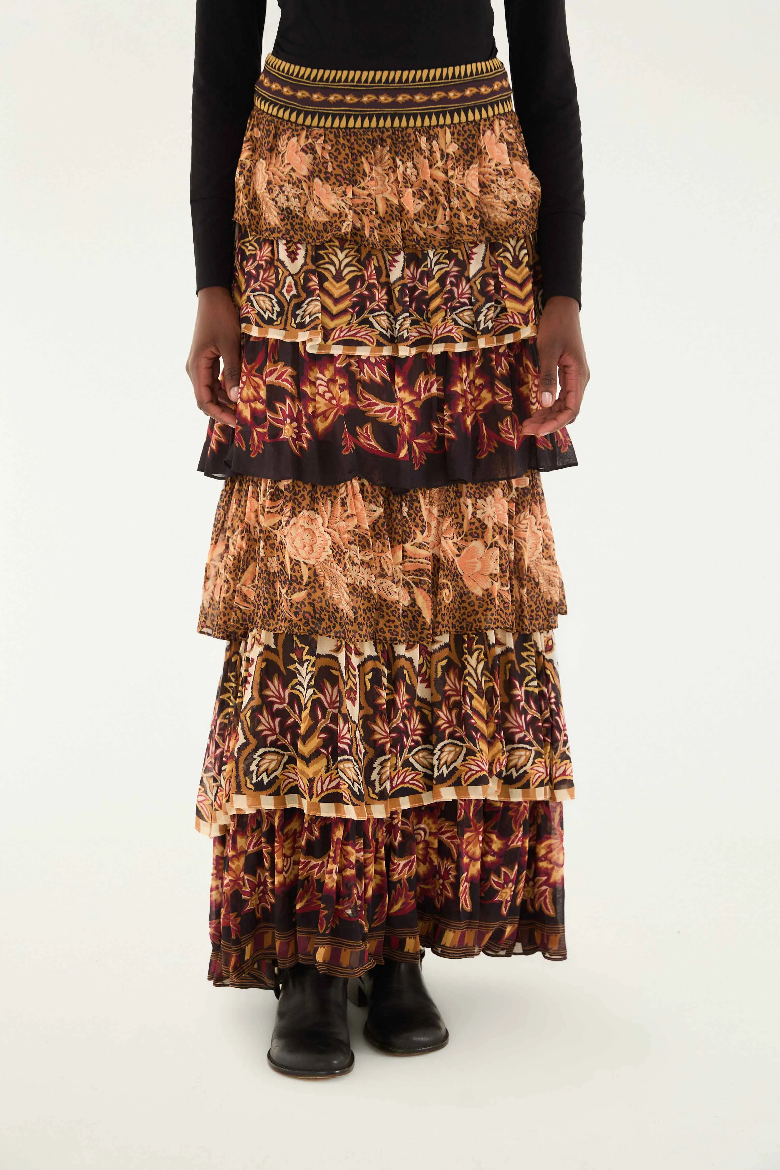 Media Feature Mixed Scarves Ruffled Maxi Skirt