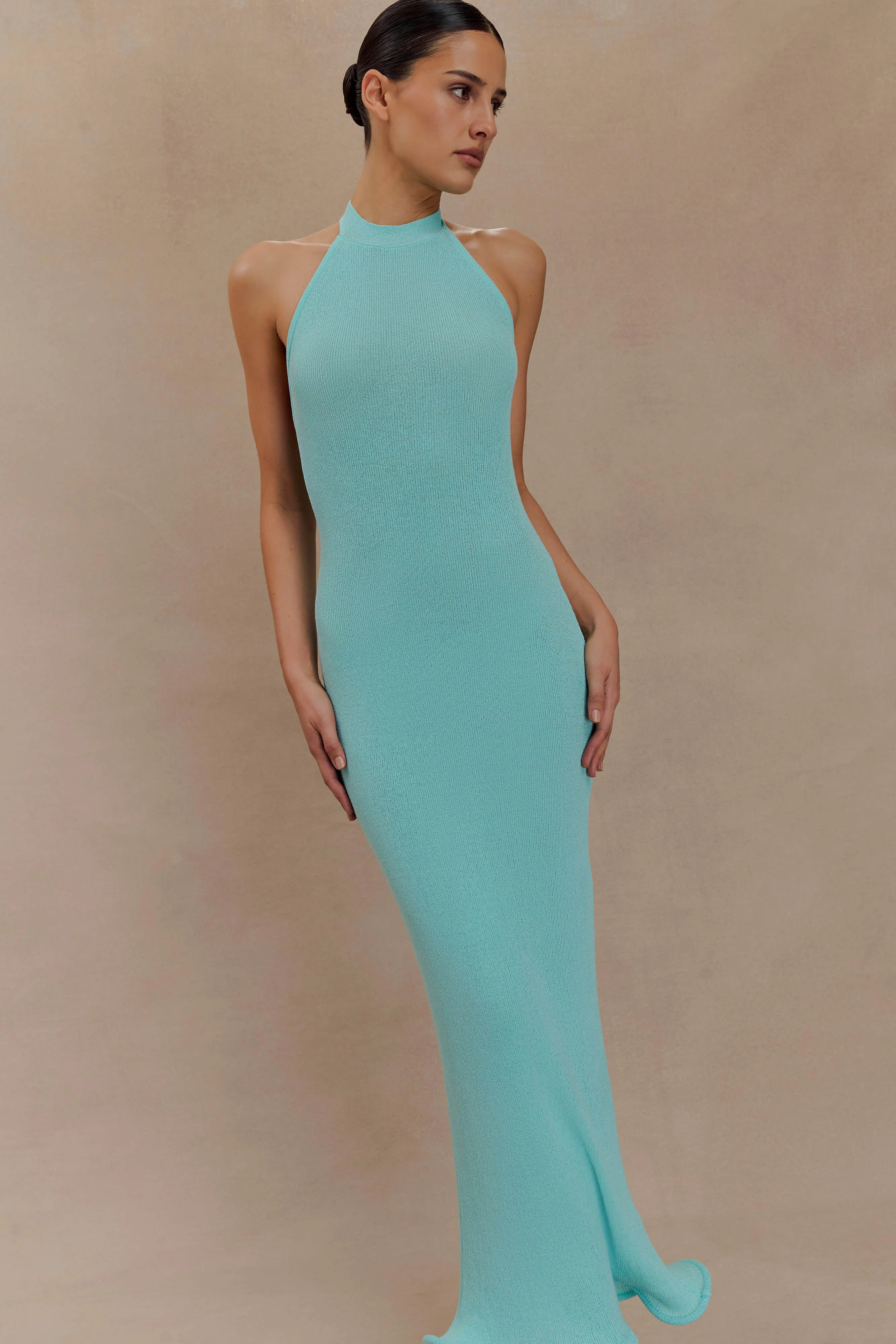 Melodie Halter Knit Maxi Dress - Cyan Blue Cool Elegance Glossy Detail