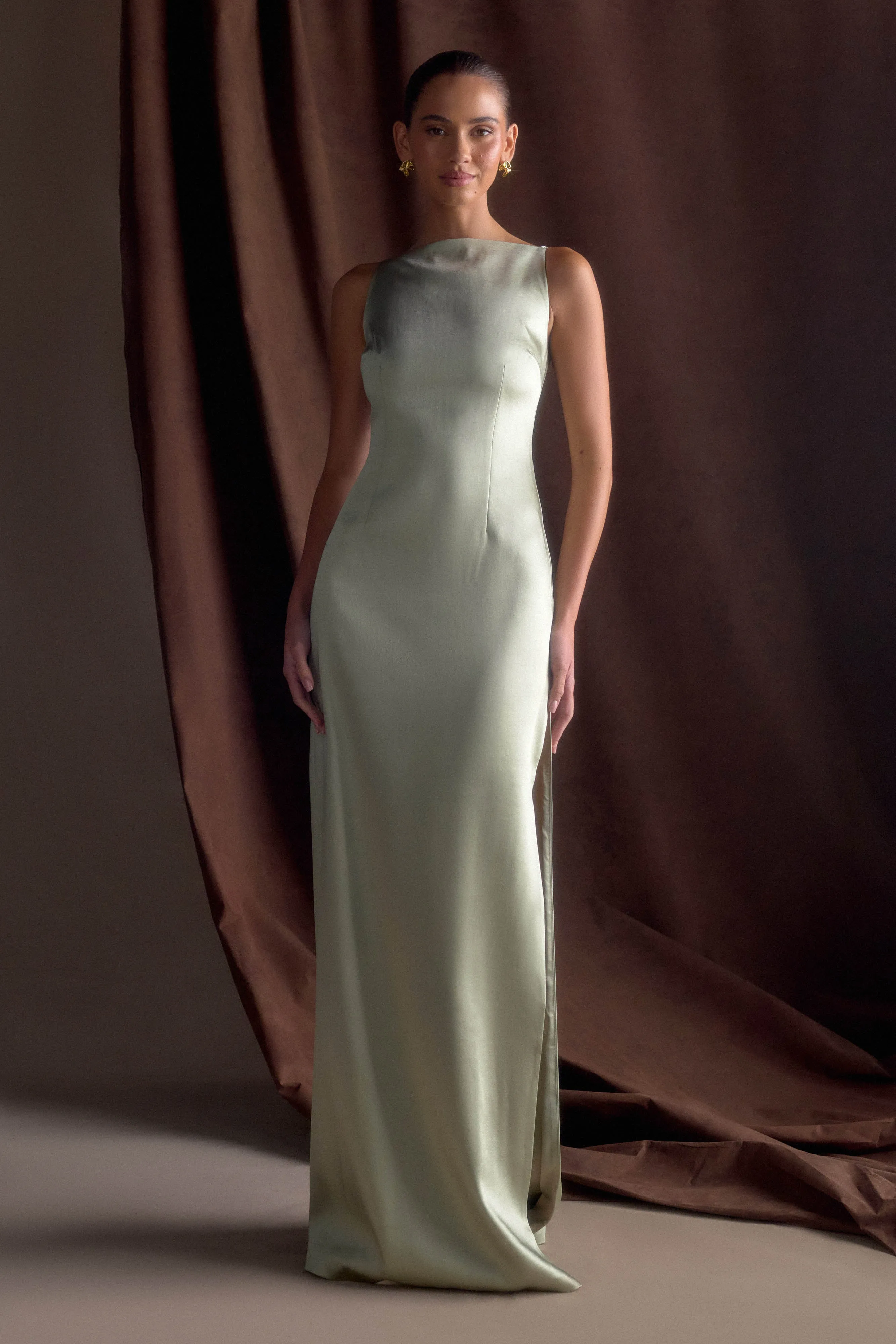 Dress for brunch Violet Sleeveless Satin Maxi Dress - Sage