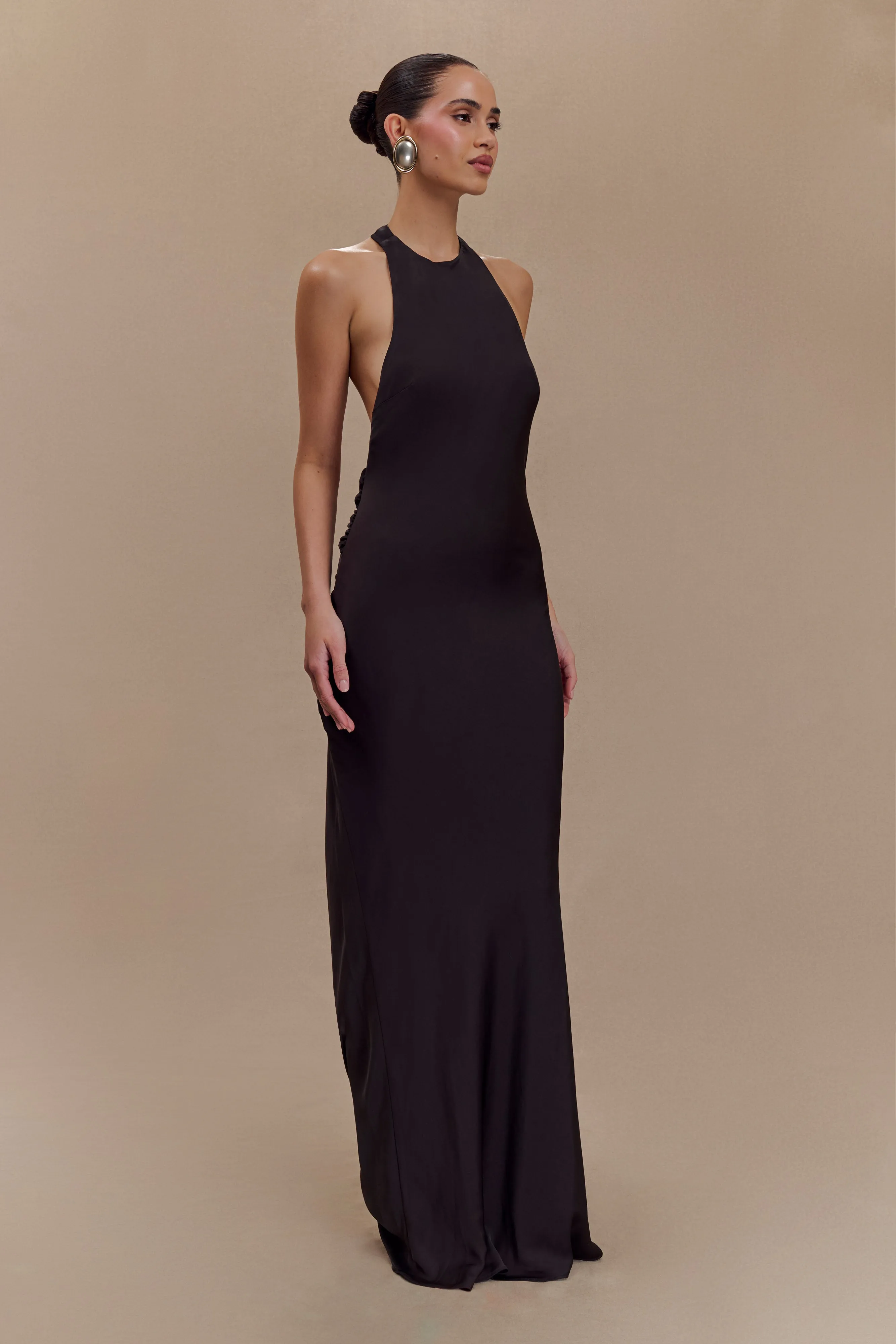 Rinna Satin Halter Maxi Dress - Black Clean Drape