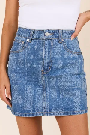Relaxed Vibe Outfit Diary Thea Bandana Print Denim Skirt SALE