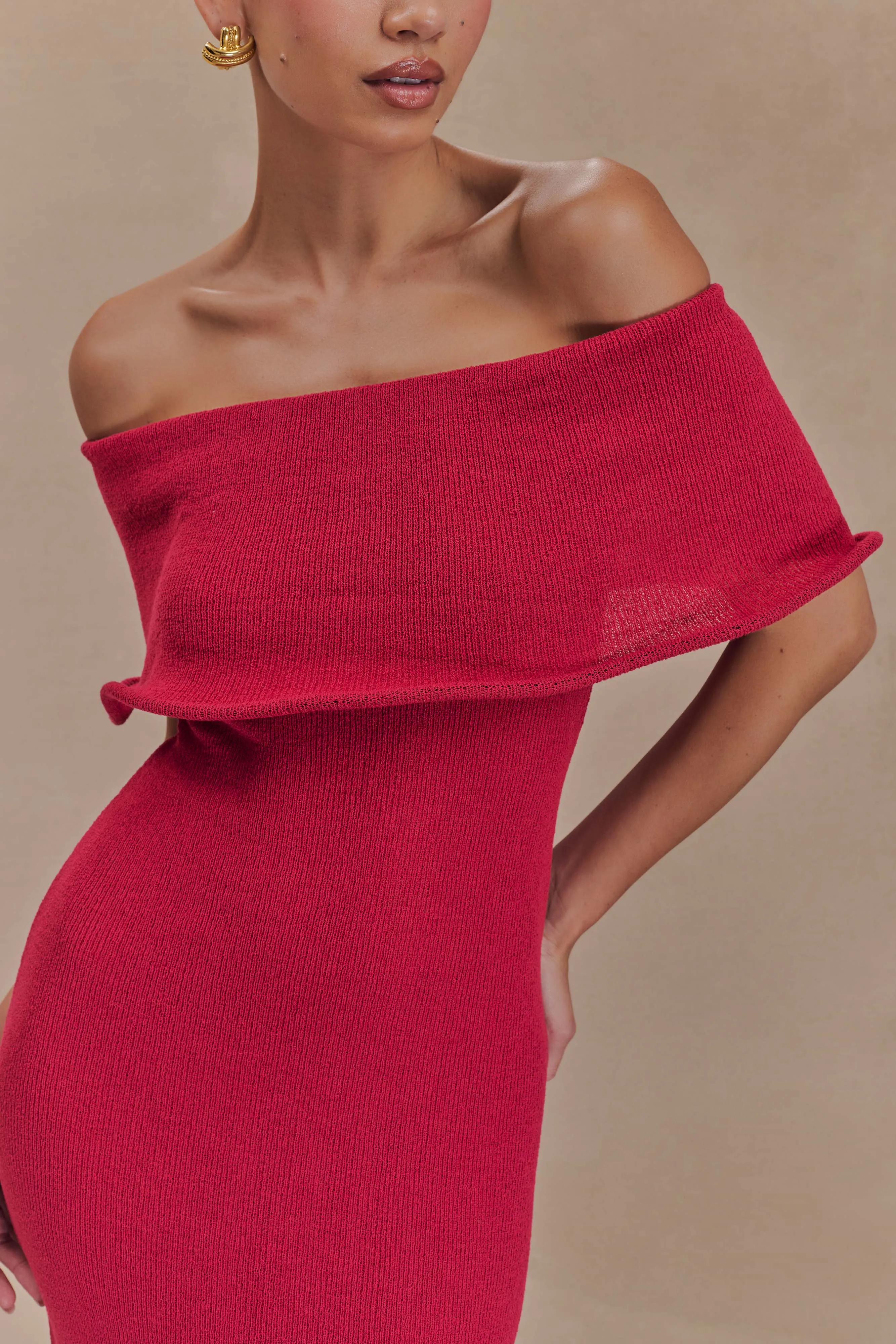 Molly Off Shoulder Knit Midi Dress - Raspberry Front-Zip Go To Wear