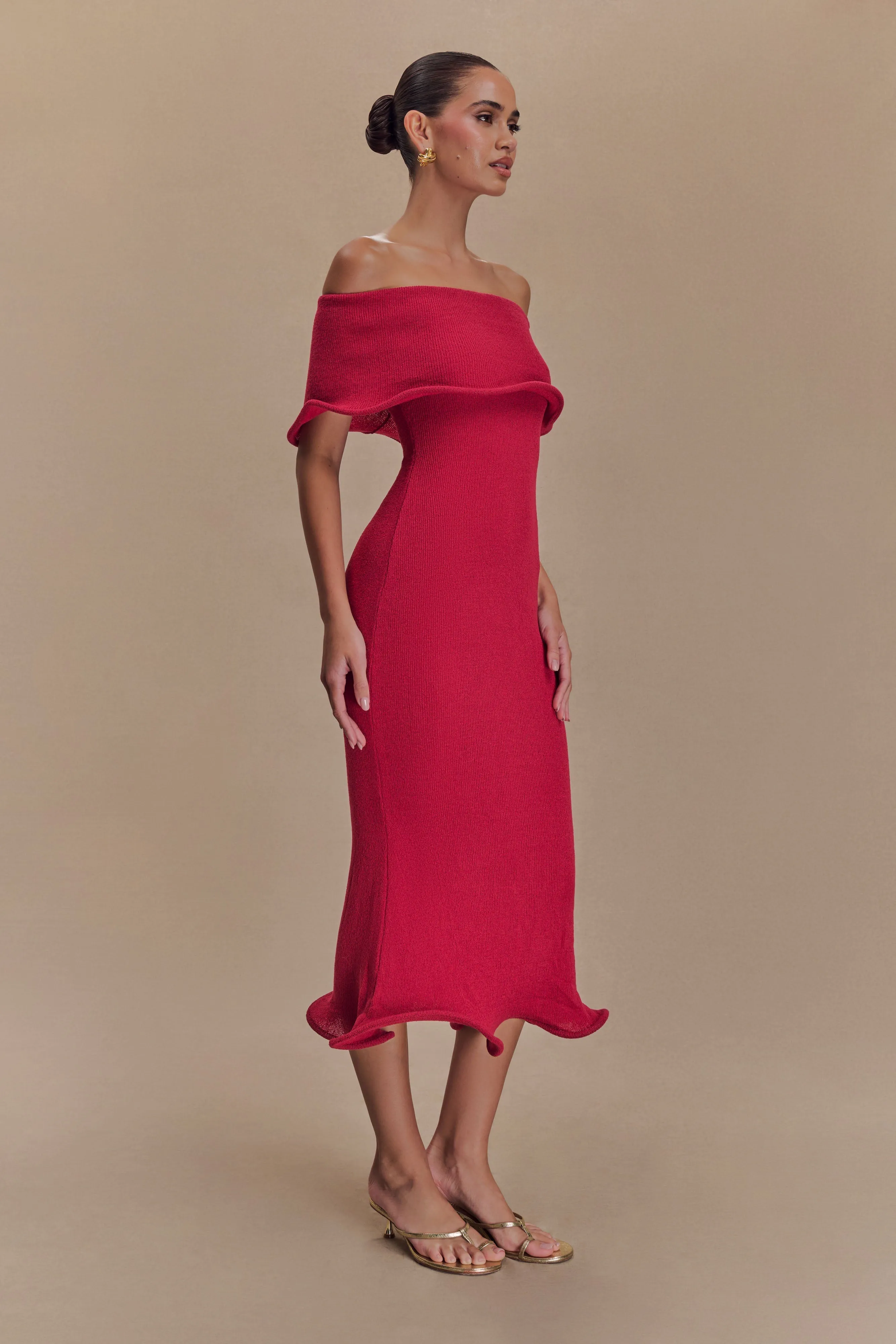 Molly Off Shoulder Knit Midi Dress - Raspberry Removable-Straps Quick Look