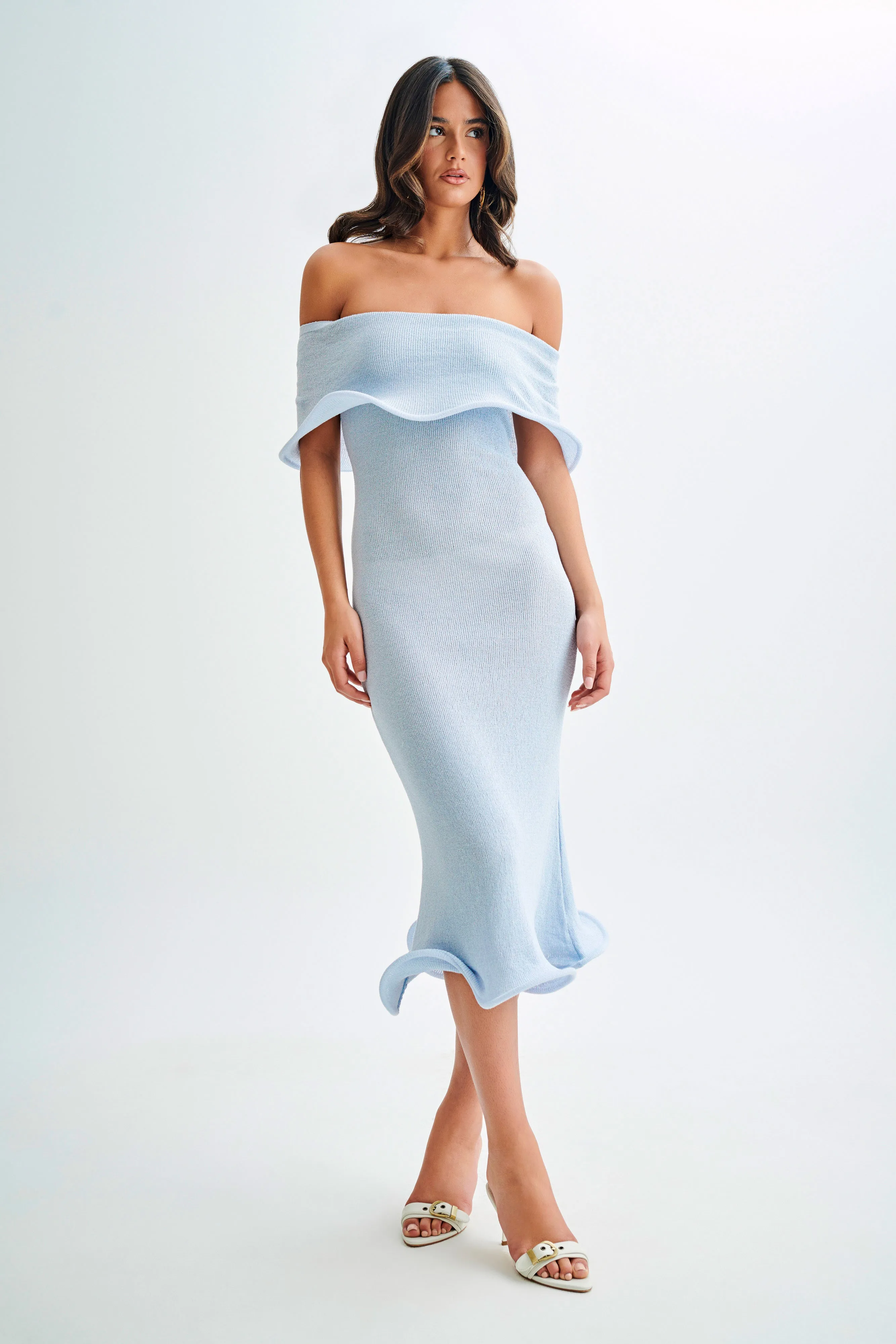 Molly Off Shoulder Knit Midi Dress - Sky Blue Easy Drape