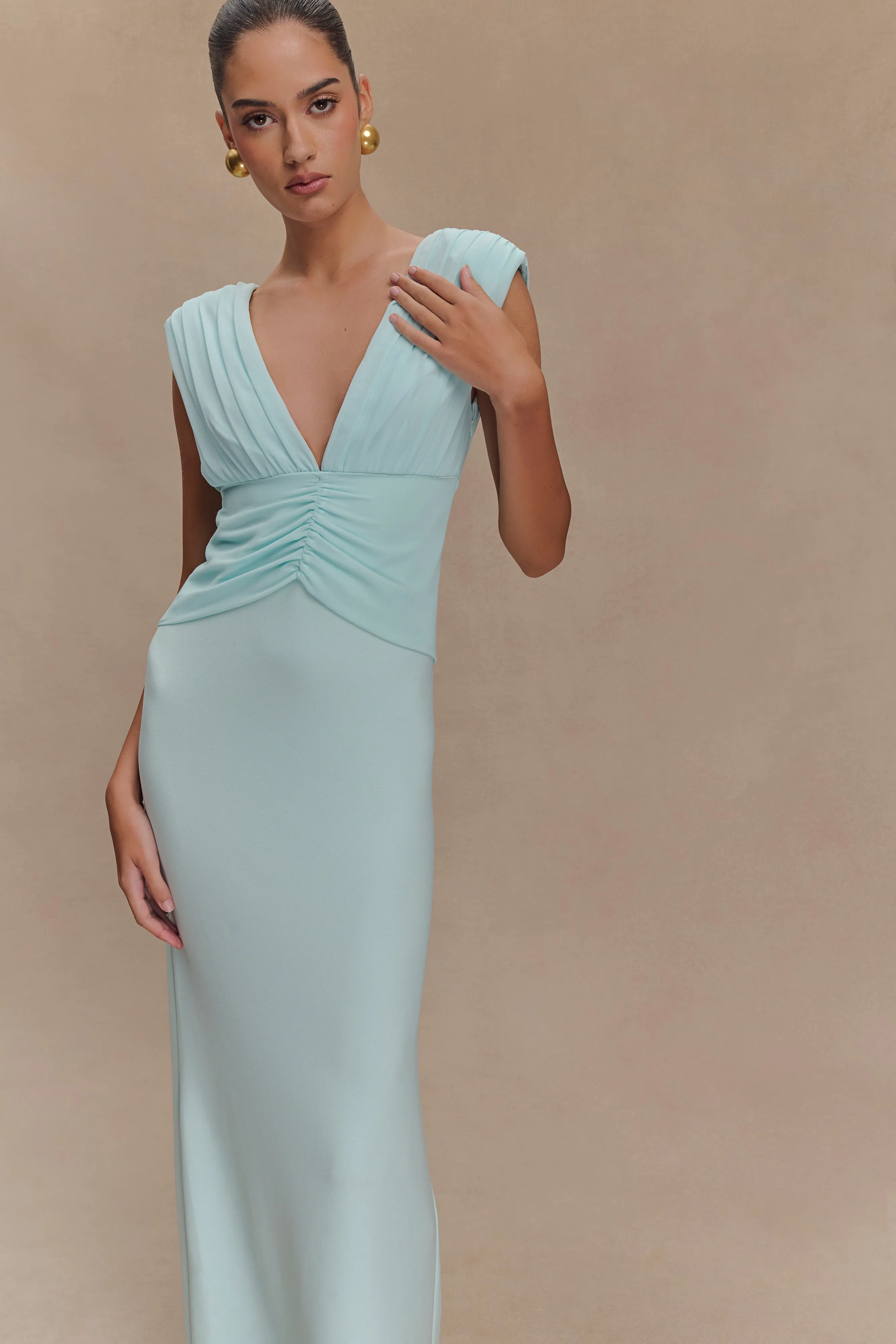 Monique Maxi Dress - Ice Blue Sharp Finish Belt Waist