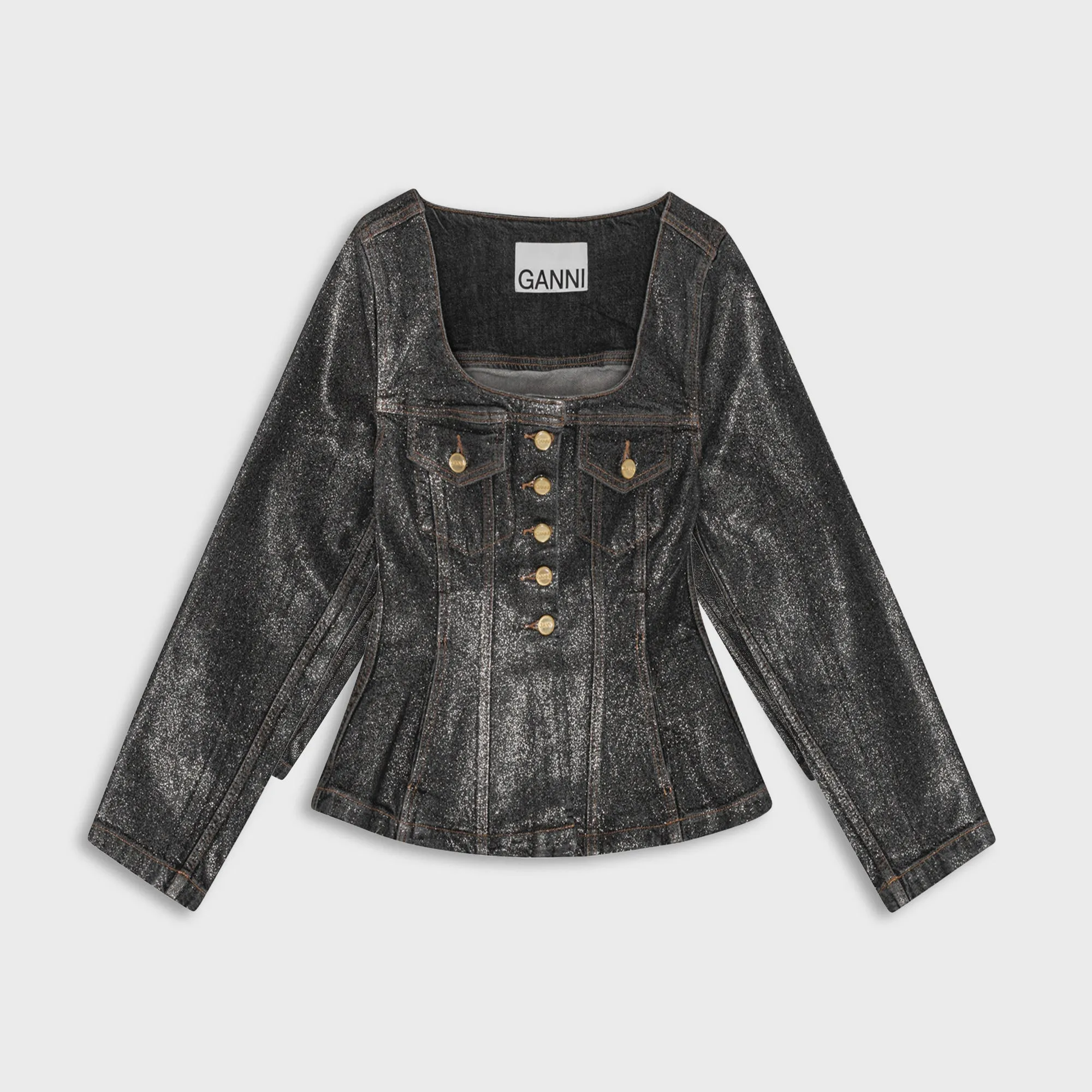 Ganni Shimmery Foil Denim Fitted Blazer - Washed Black Cold Resist