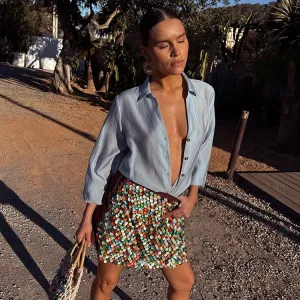 Flexible Material Slim Fit Band Multi Shell Mini Wrap Skirt