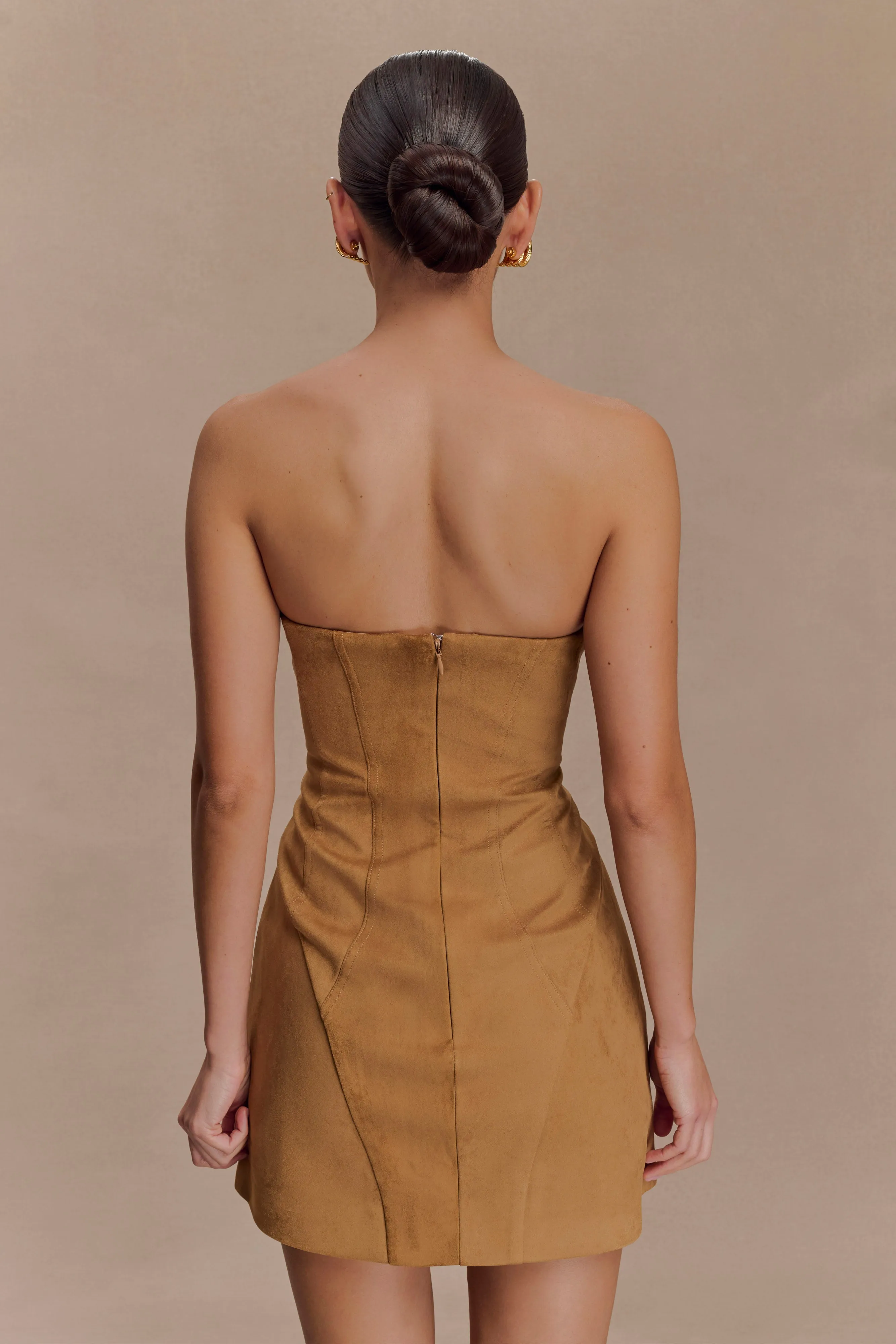 Andy Faux Suede Mini Dress - Camel Flattering Style Fit