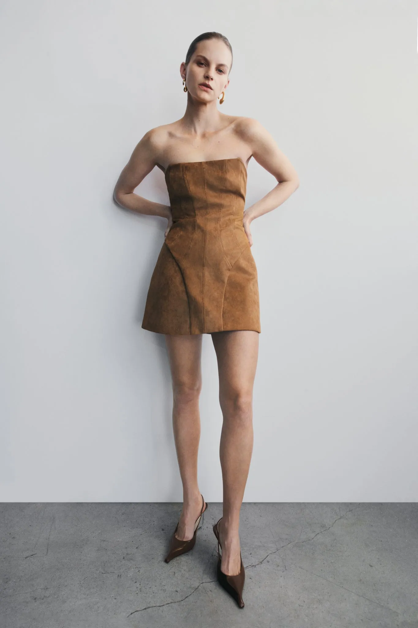 Silky Form budget-friendly Andy Faux Suede Mini Dress - Camel