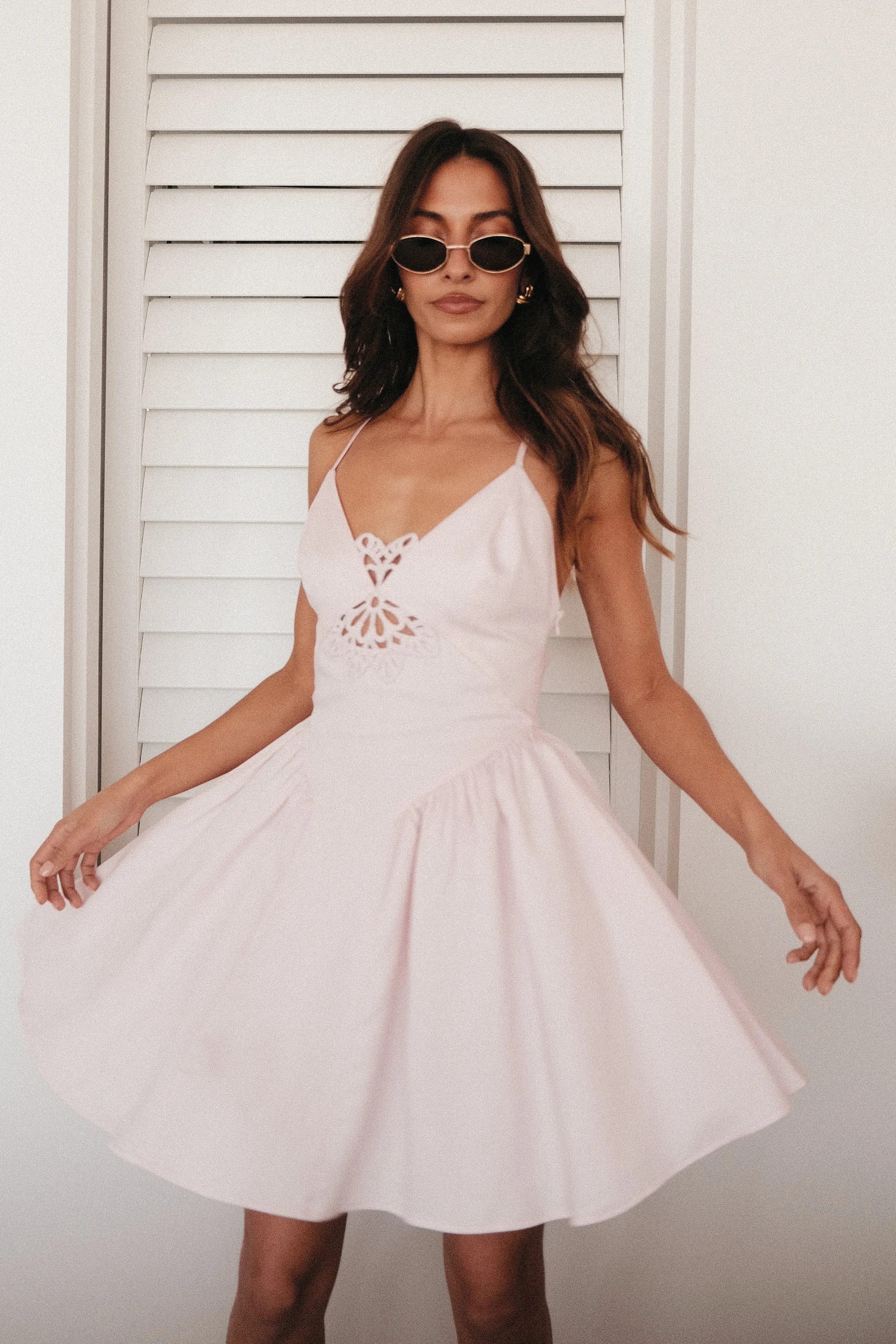 Muriel Cotton Mini Dress With Crochet - Powder Pink Chilly Day Wear Gift-Worthy