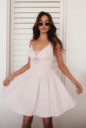 Muriel Cotton Mini Dress With Crochet - Powder Pink Chilly Day Wear Gift-Worthy