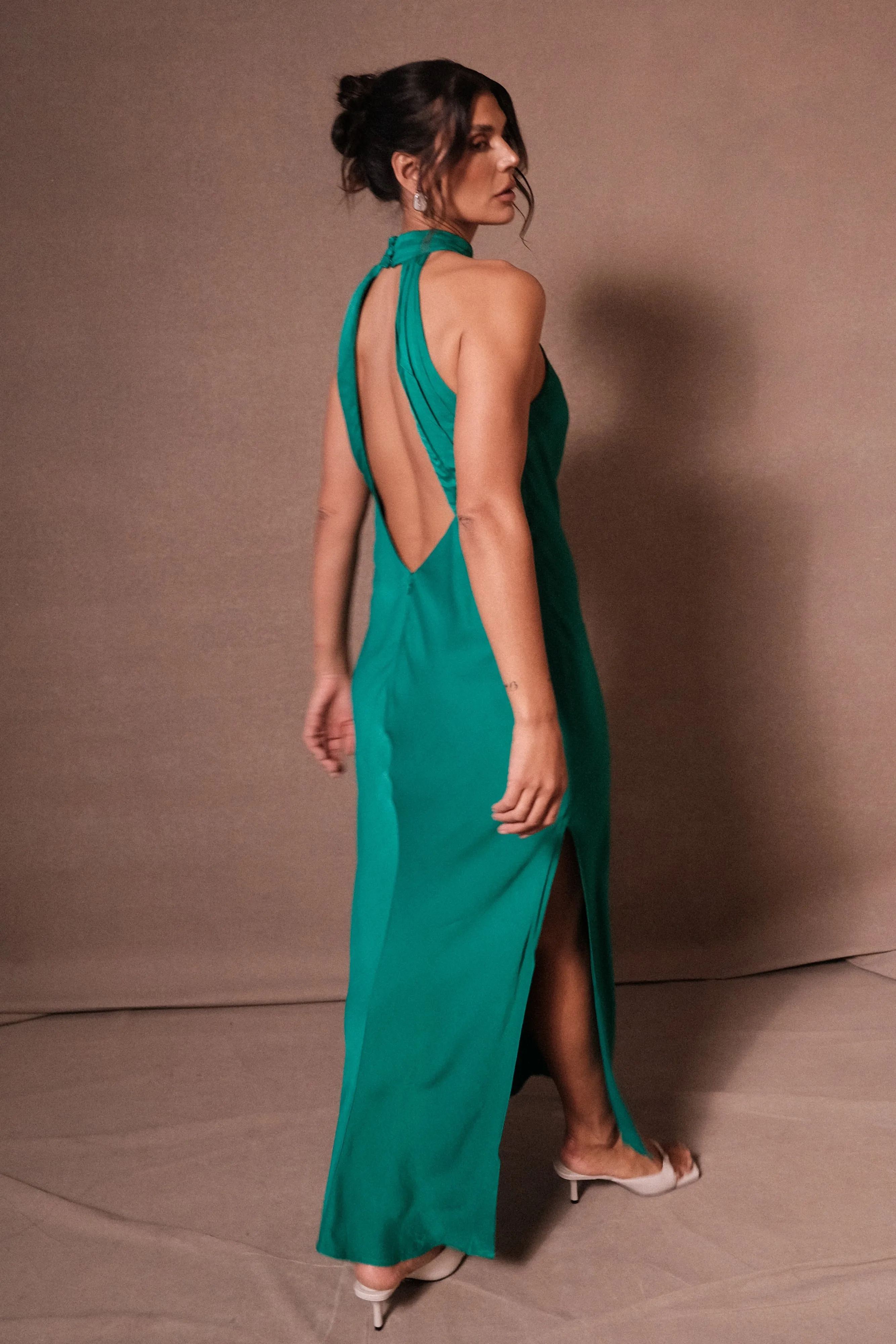 Claire Satin Drape Back Maxi Dress with Split - Green Fashionable Comfort Wear Breathable Comfort Wear