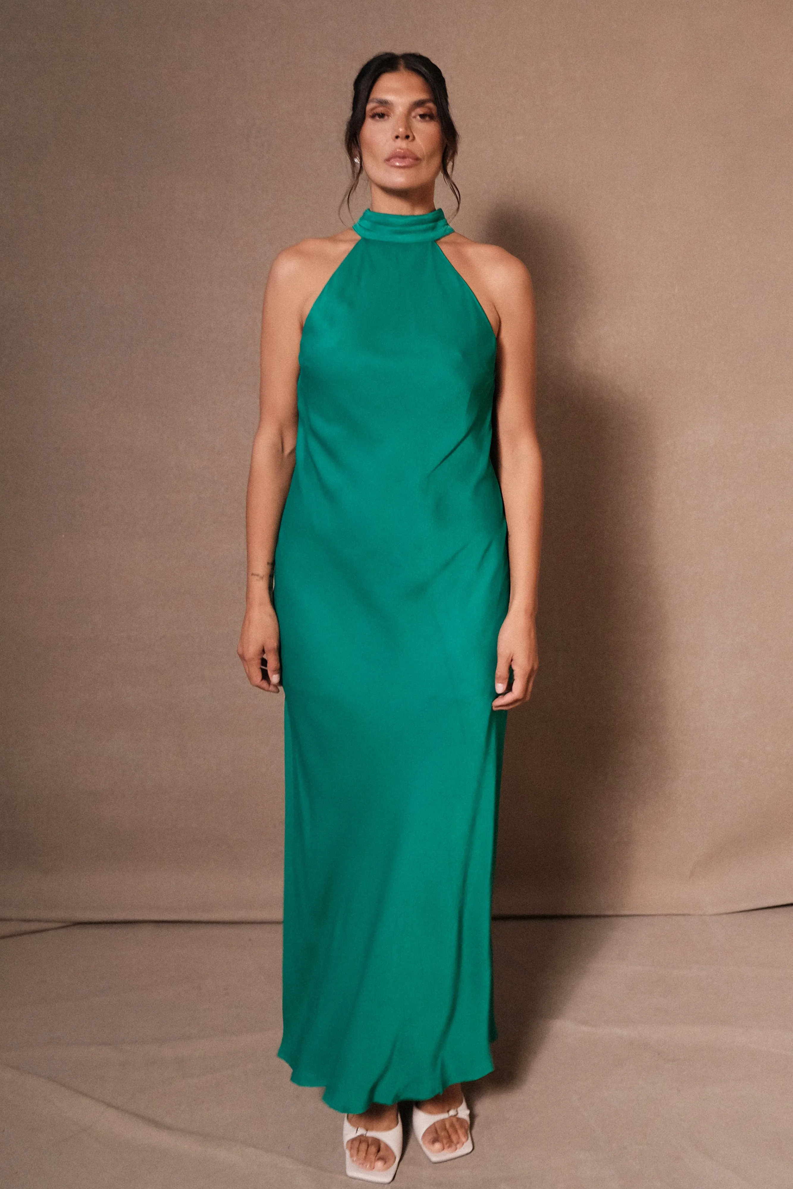 Claire Satin Drape Back Maxi Dress with Split - Green Comfort waistband