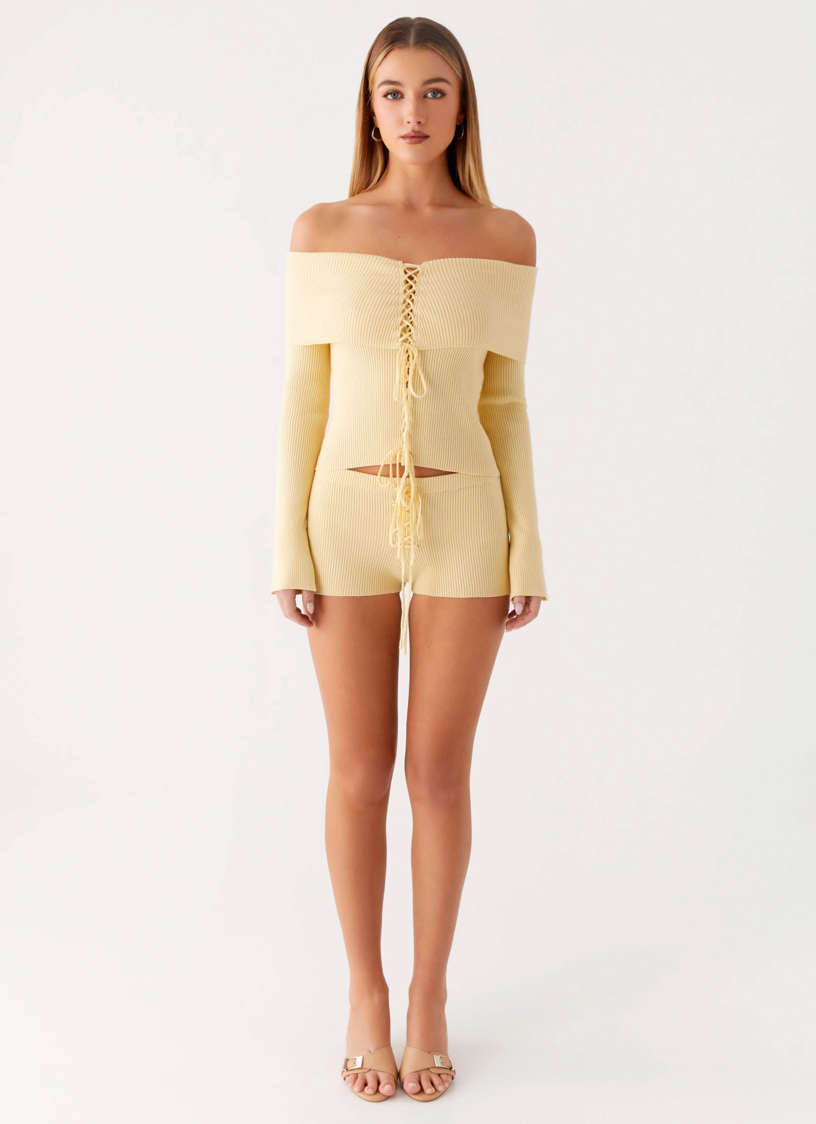 Muted Muse Knit Long Sleeve Top - Yellow Ribbed Edging