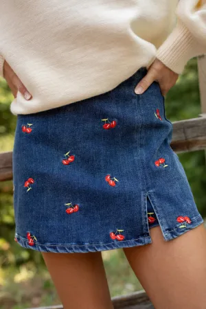 Quick Wear Fashion Week Ready My Favorite Dark Wash Cherry Embroidered Side Slit Denim Skort