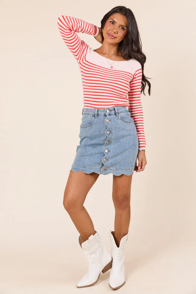 My Favorite Medium Wash Scallop Detail Skirt Everyday Favorite smooth zipper