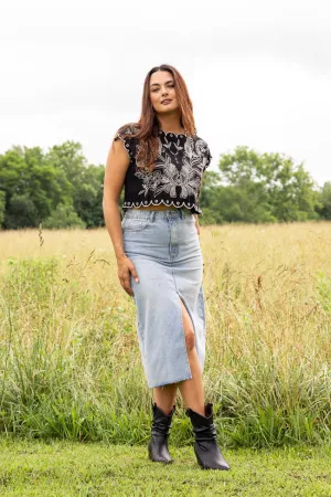 Mya Medium Wash Denim Midi Skirt SALE Light Motion