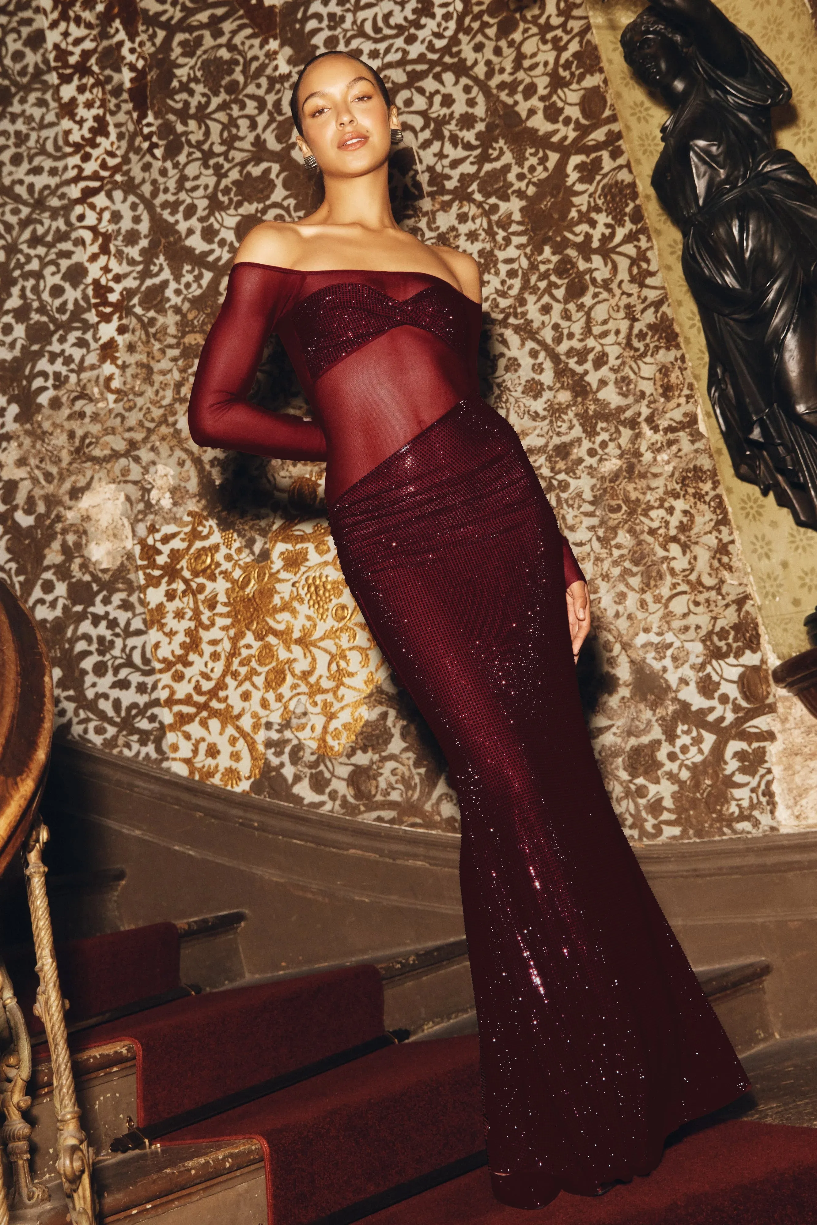 Nash Diamante Off Shoulder Maxi Dress - Mahogany Kind Light