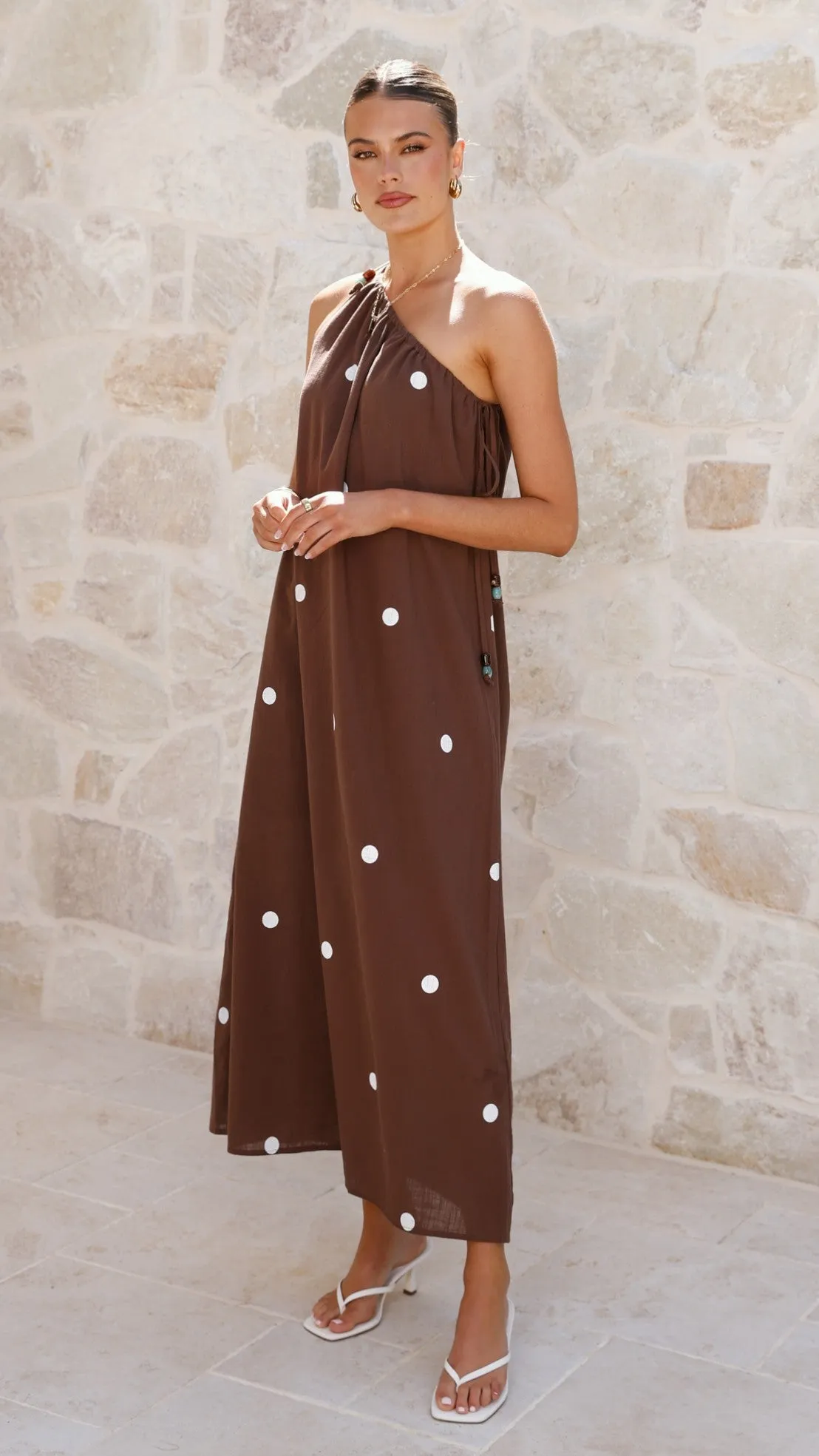 Elastic-Cuff Nasira One Shoulder Maxi Dress - Chocolate / White Polka Dot