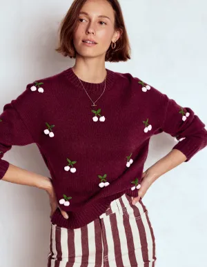 Natalie Embroidered Jumper-Chestnut Melange, Cherry No Stress