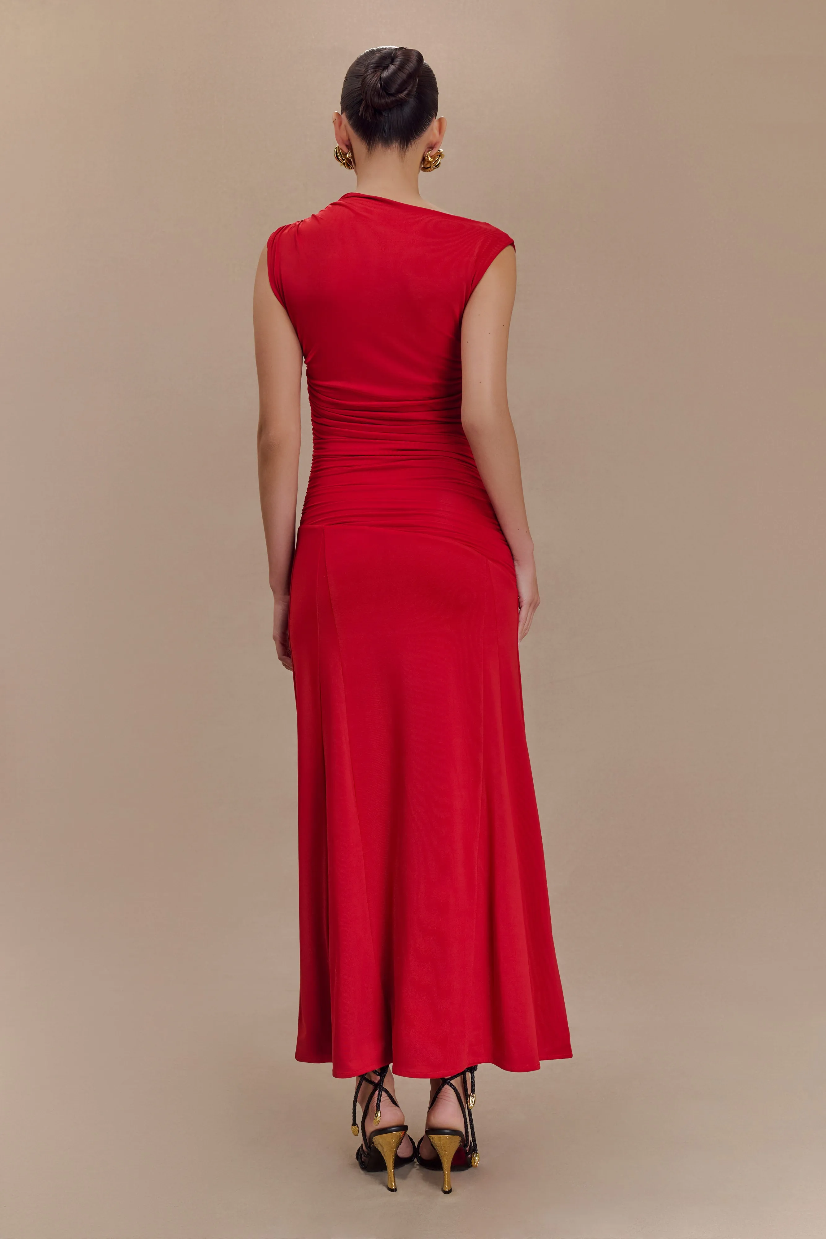 Anti-Static-Finish Navanna Asymmetric Slinky Midi Dress - Red