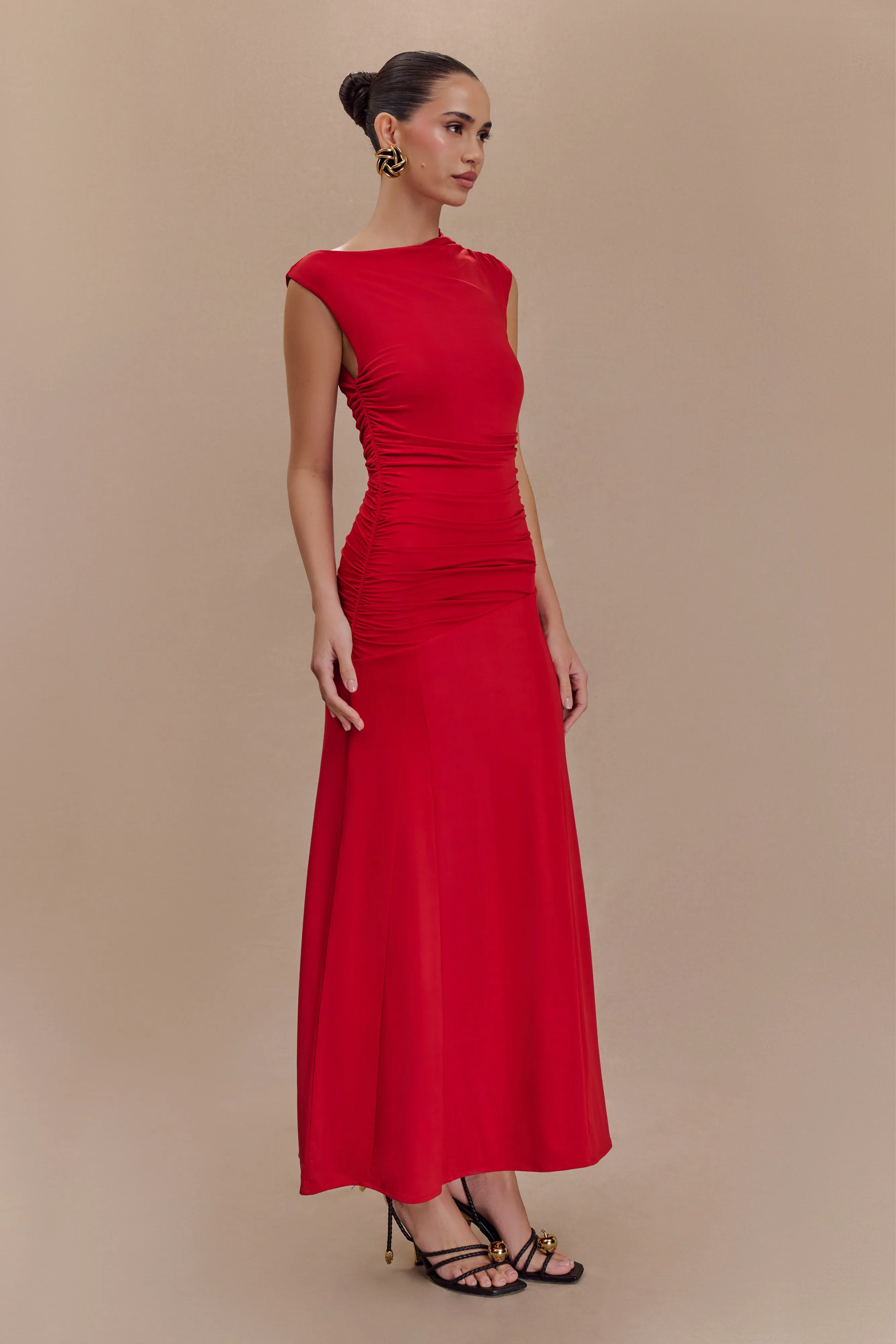 Cool Tone Flow Ready Navanna Asymmetric Slinky Midi Dress - Red