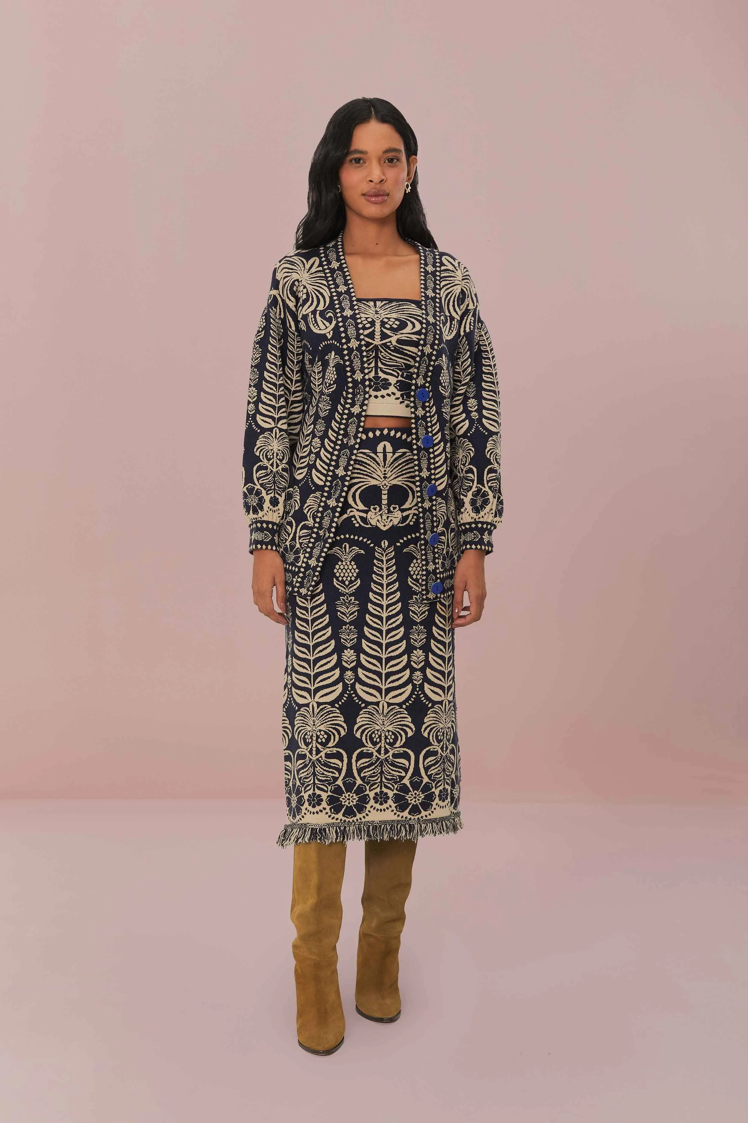 Tonal Layering Navy Blue Ainika Tropical Splendor Knit Midi Skirt