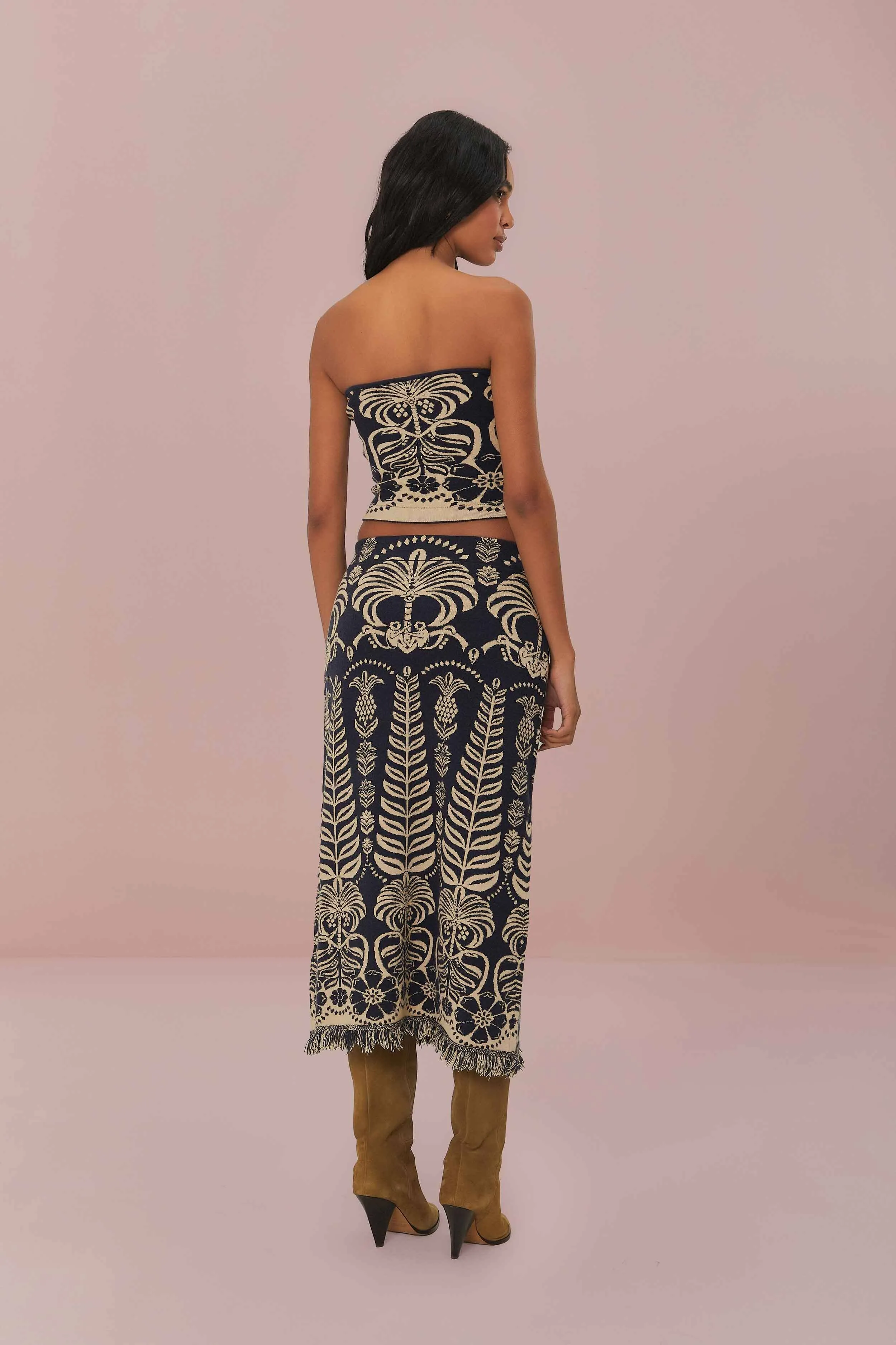 Detachable Detail Contoured Waist Navy Blue Ainika Tropical Splendor Knit Midi Skirt