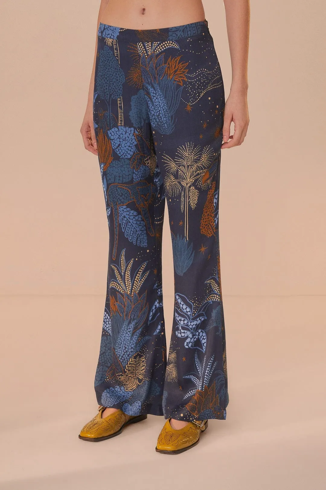 Navy Blue Night Jungle Flare Pants Casual Layer Fit