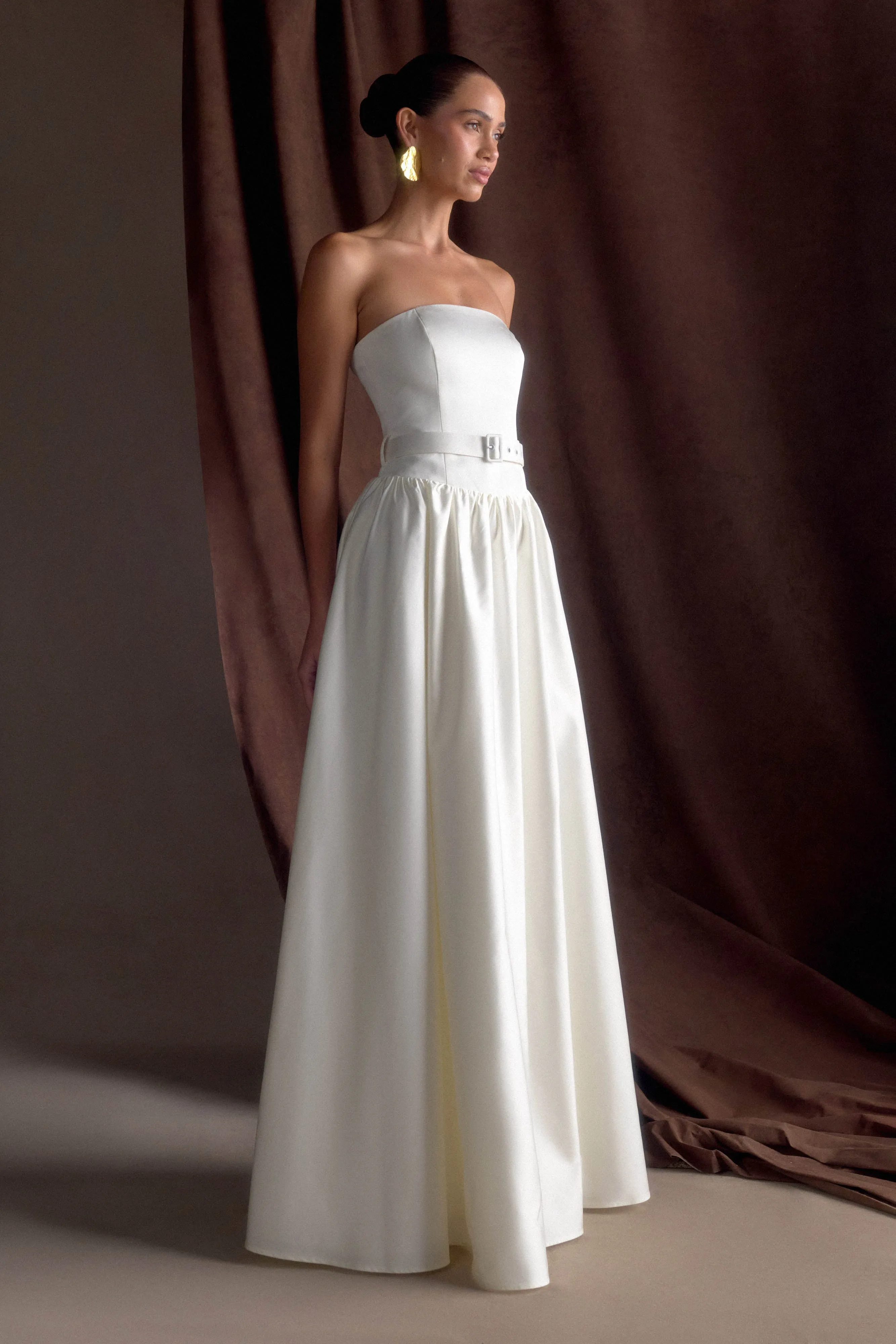 Florence Strapless Belted Maxi Dress - White Glossy Fabric Smart Comfort