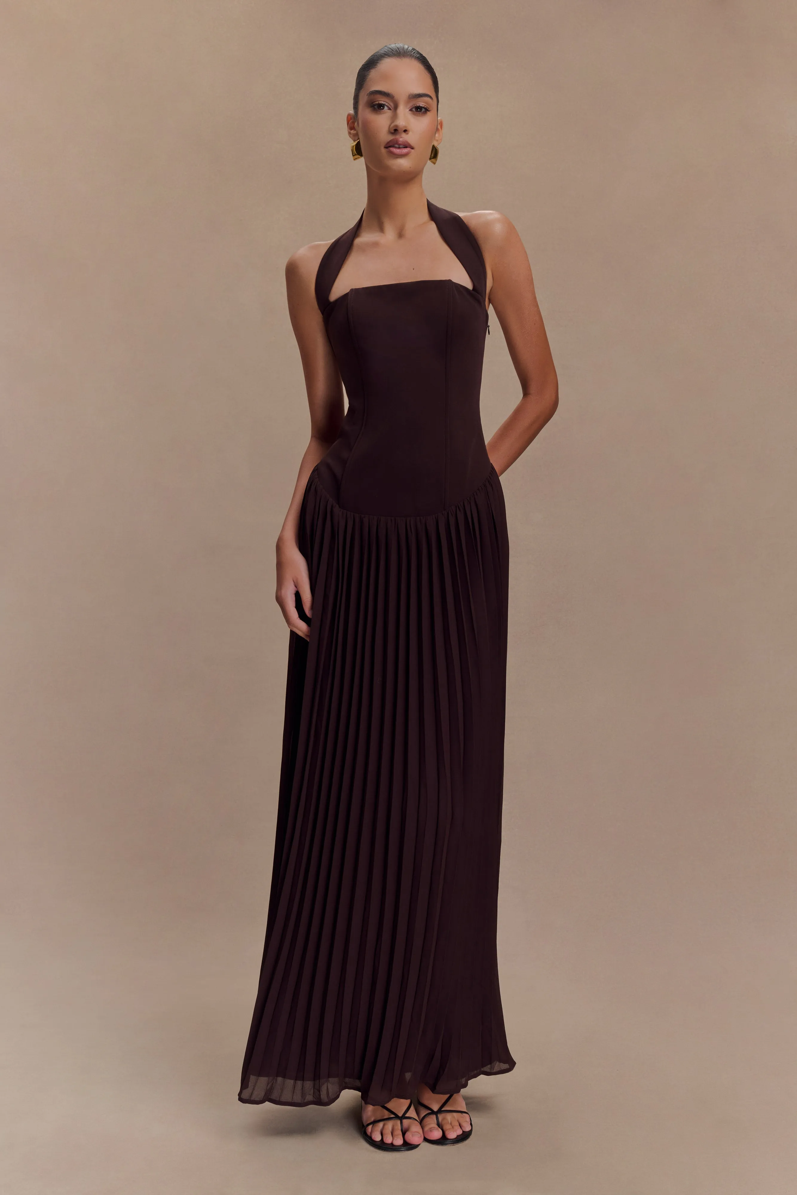 Stacie Pleated Halter Maxi Dress - Cacao Happy Scent