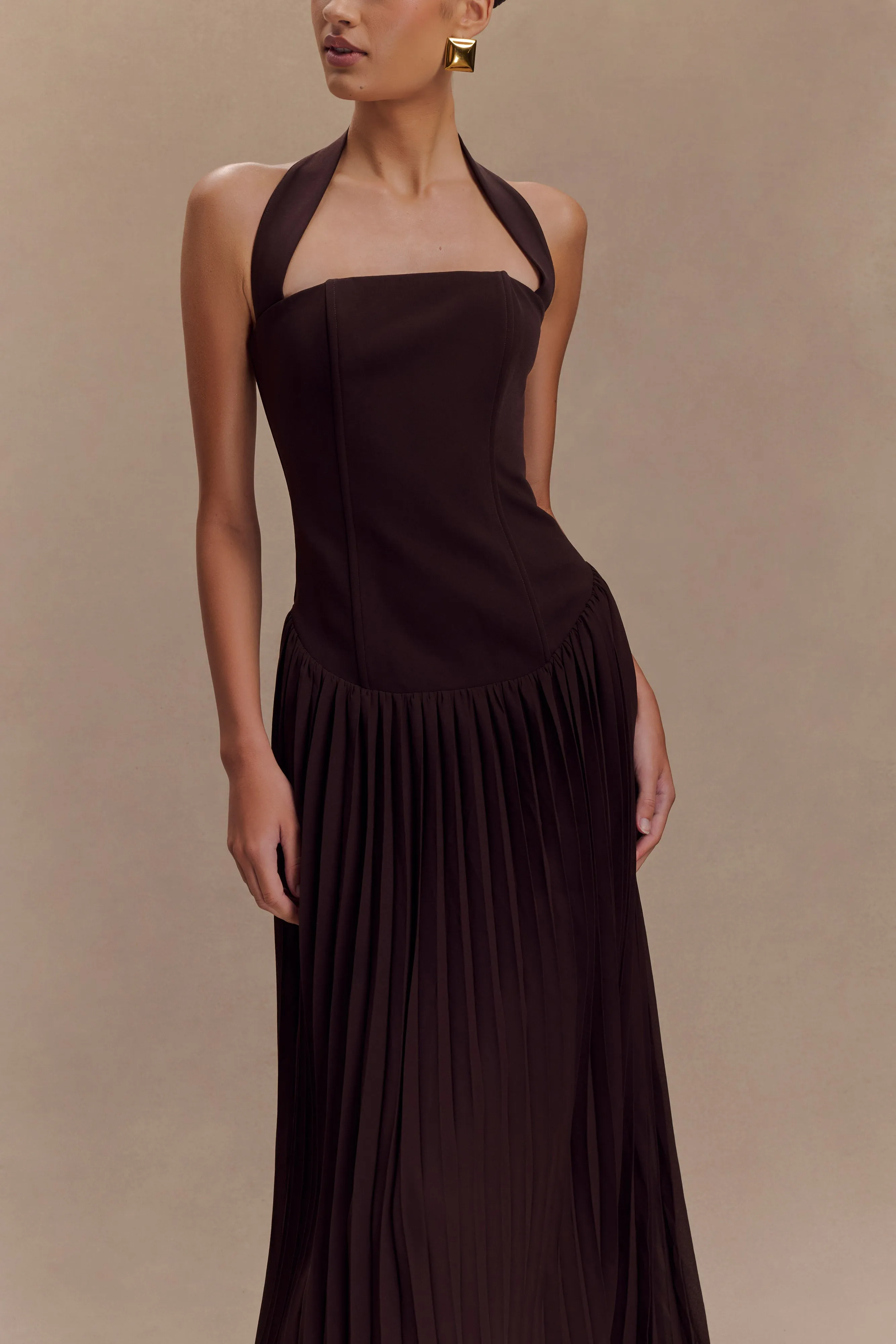 Stacie Pleated Halter Maxi Dress - Cacao Tailored Waistband