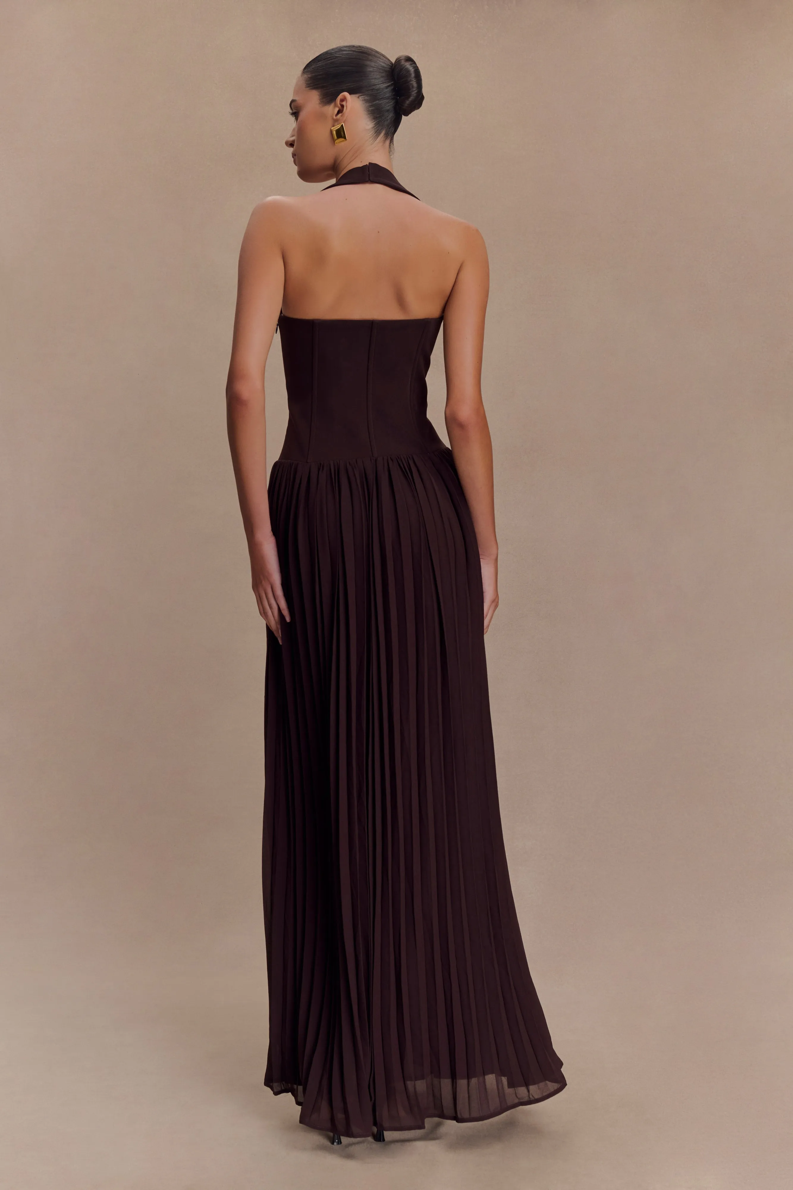 Stacie Pleated Halter Maxi Dress - Cacao Printed-Lining Timeless Shape