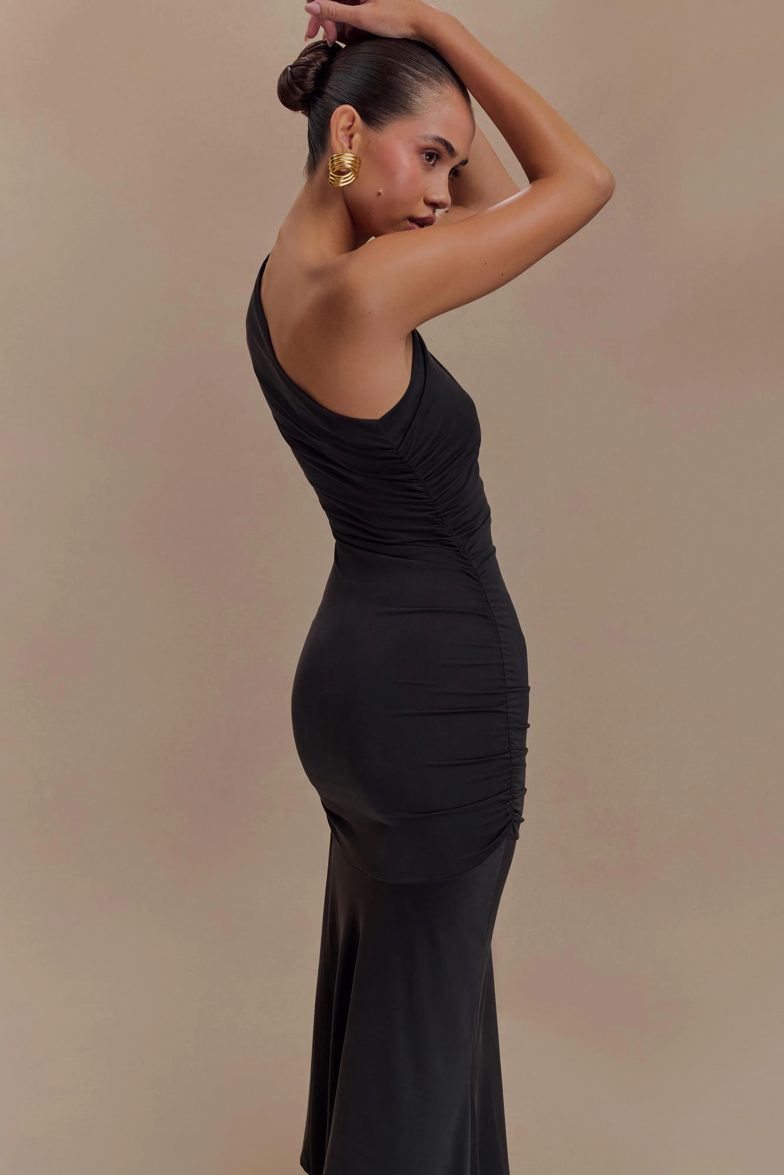 Eco-Lining Chloe Peached Jersey One Shoulder Midi Dress - Black