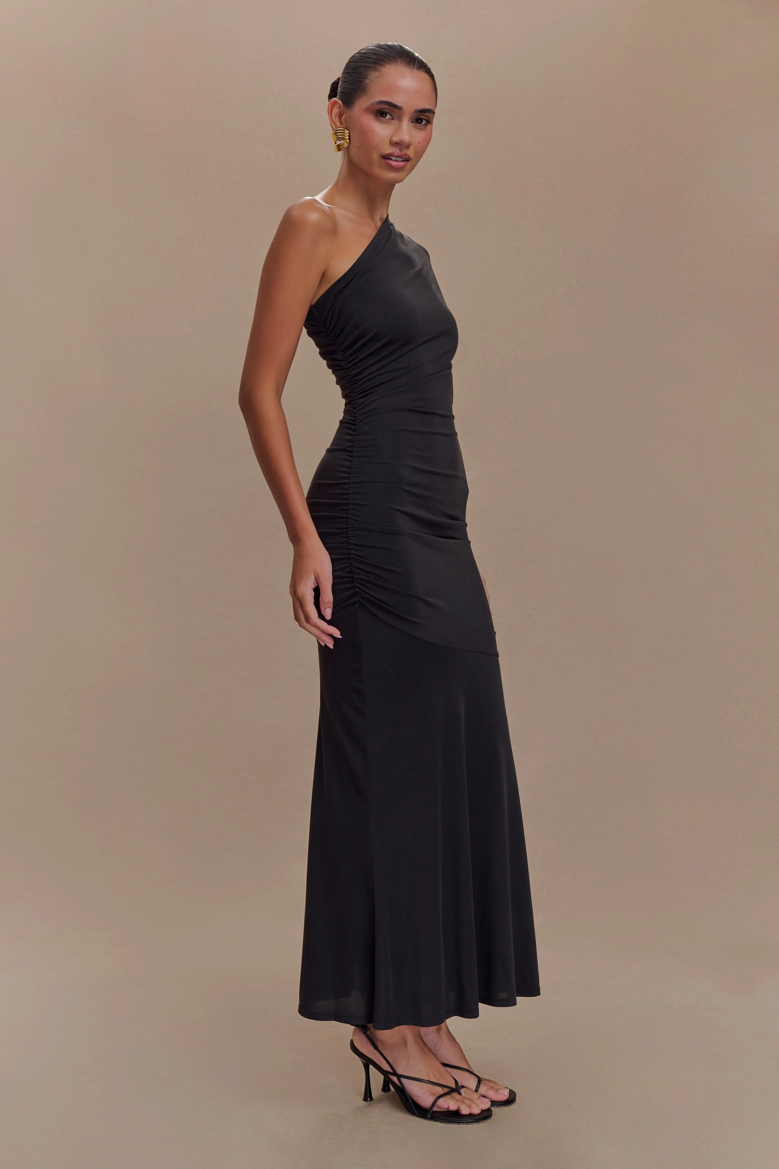 Power Soft Classic and Modern Chloe Peached Jersey One Shoulder Midi Dress - Black