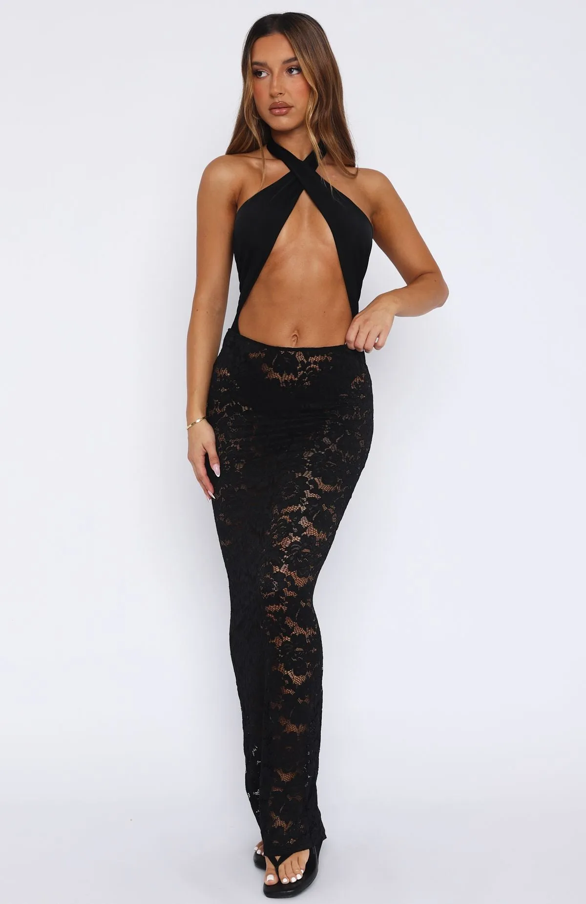 Take Time Lace Maxi Skirt Black Ergonomic Contour Design