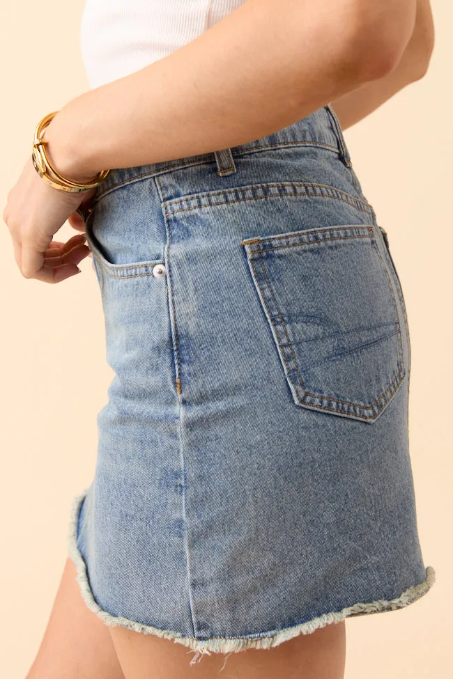 Sarah Frayed Hem Medium Wash Denim Mini Skirt Outfit Moodboard Trendy Outfit