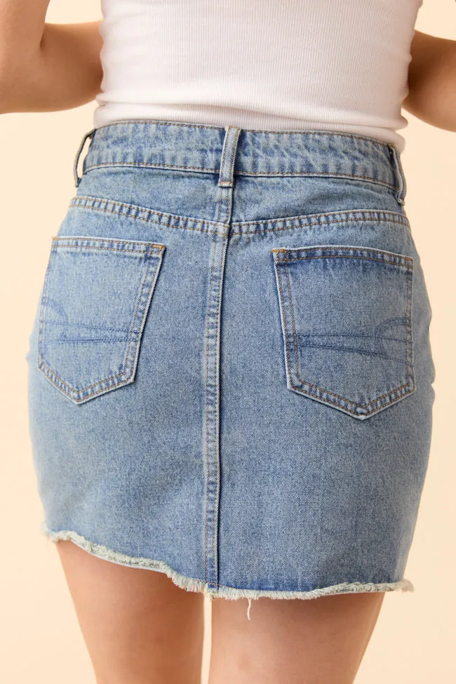 Hand Stitched Sarah Frayed Hem Medium Wash Denim Mini Skirt