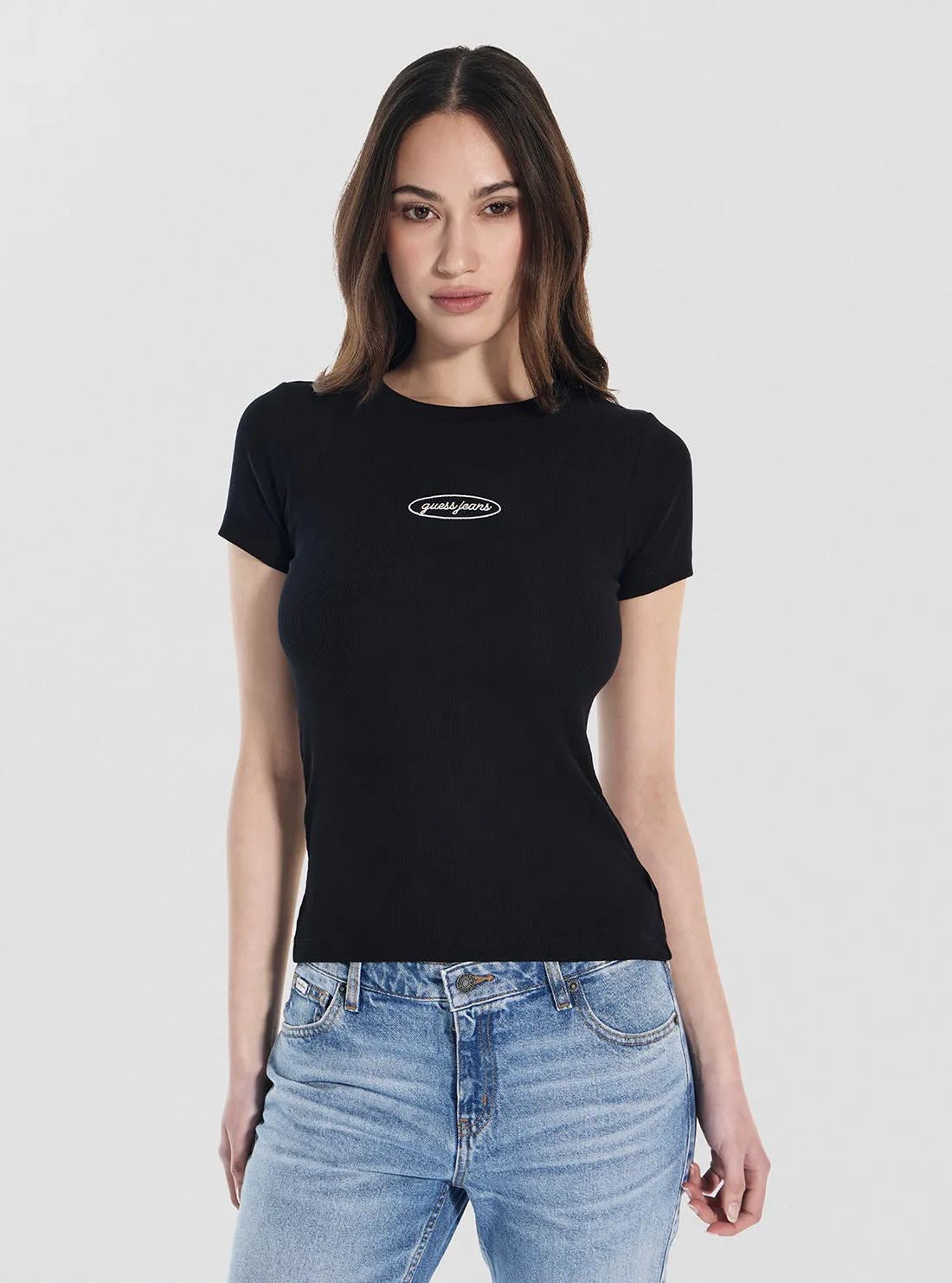 DoubleLayeredCollar Chic Fashion Guess Jeans Black Slim T-Shirt