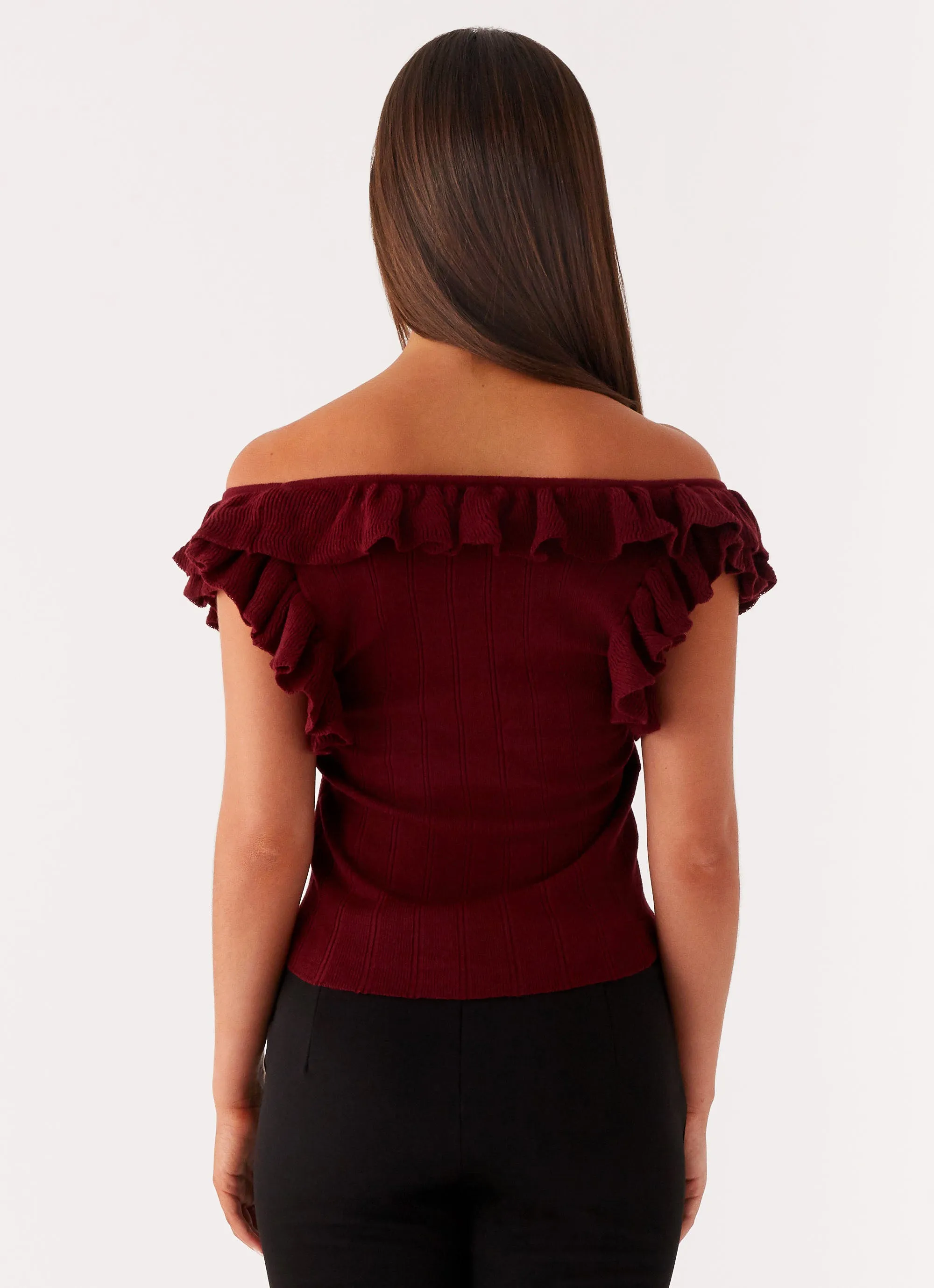 Keeta Frill Top - Burgundy TemperatureRegulating Fabric Layered Cable Pattern
