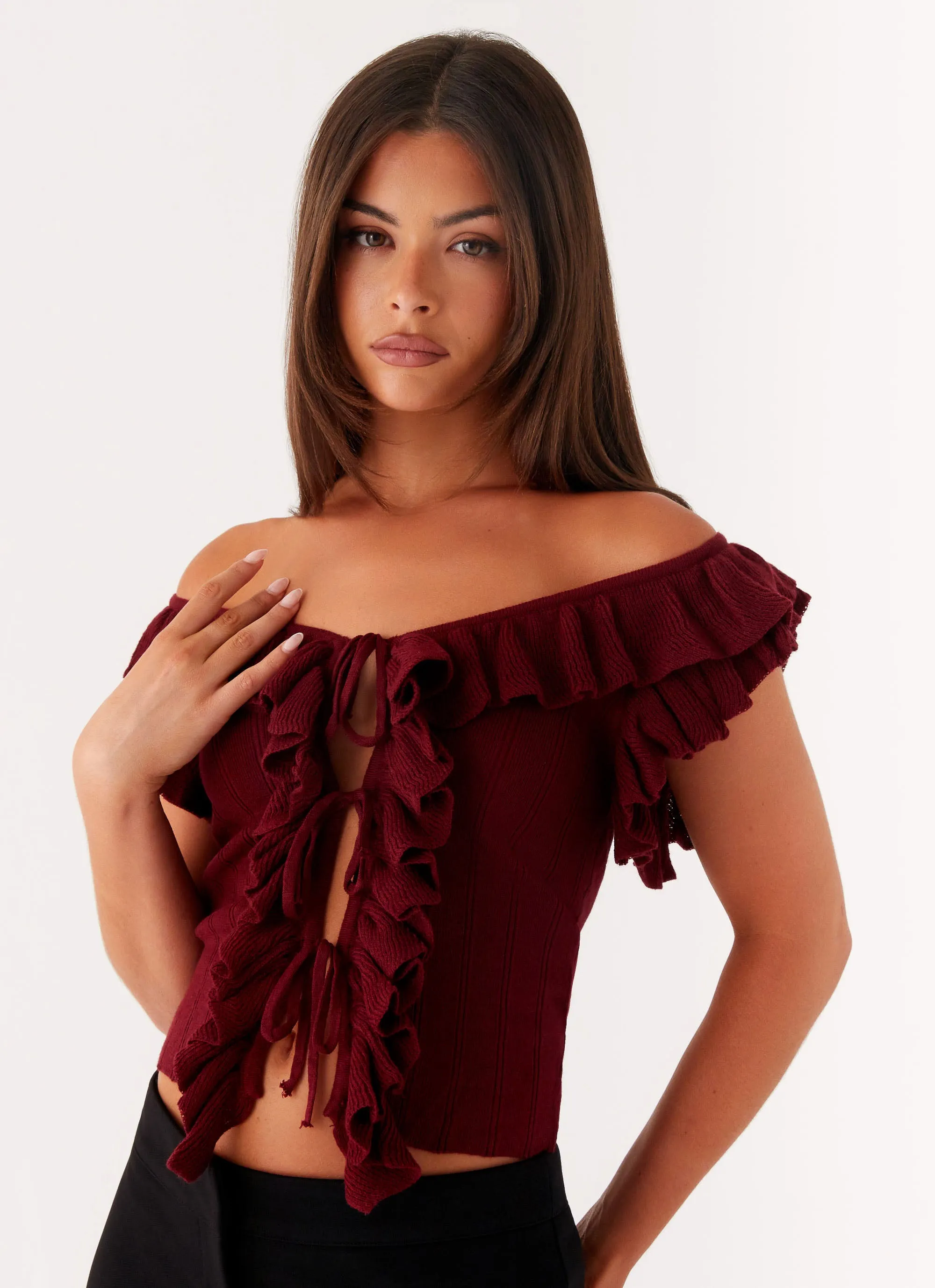 Keeta Frill Top - Burgundy Tubular Knit Structure