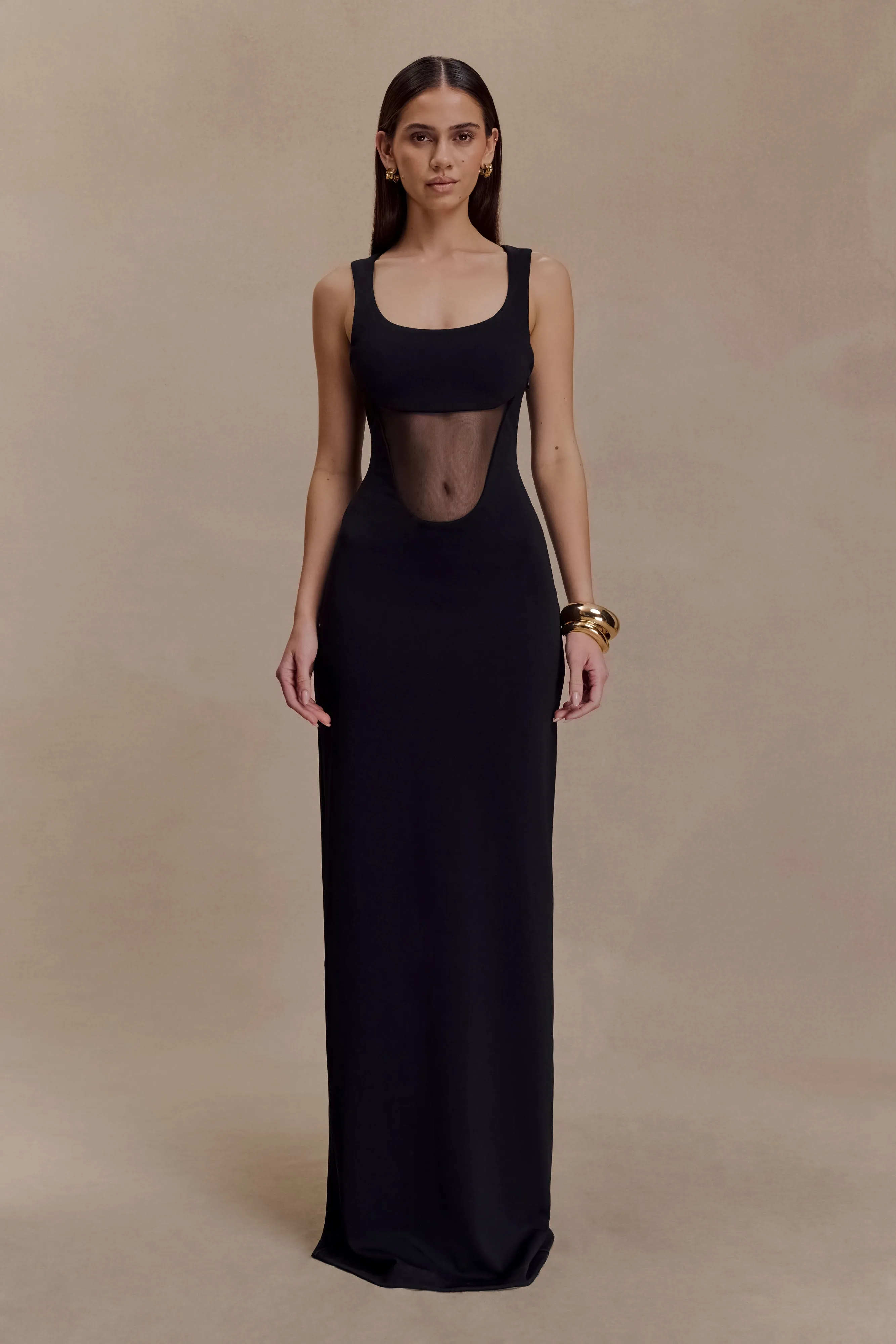Marlon Crepe And Mesh Maxi Dress - Black Minimal Fit