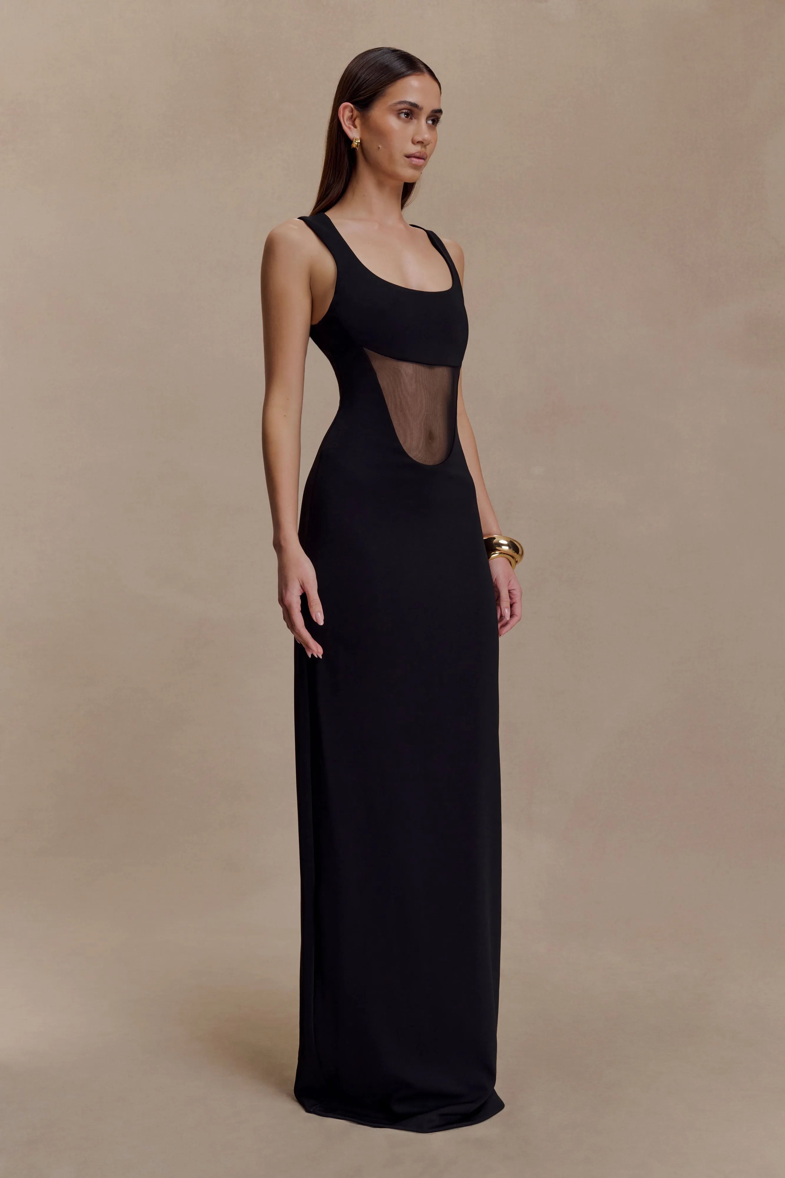Tiered-Skirt Chic Waistband Design Marlon Crepe And Mesh Maxi Dress - Black
