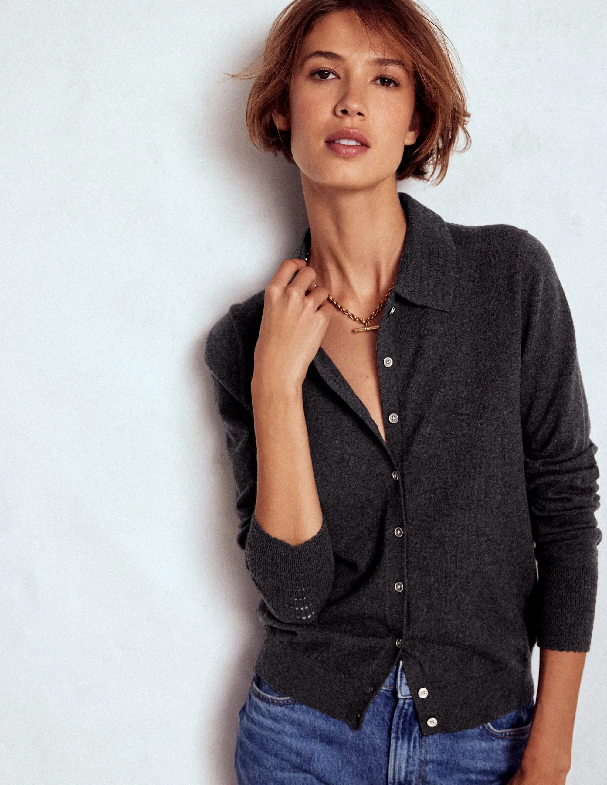 Reinforced Hem Smart Fit Briony Stitch Cardigan-Charcoal Melange