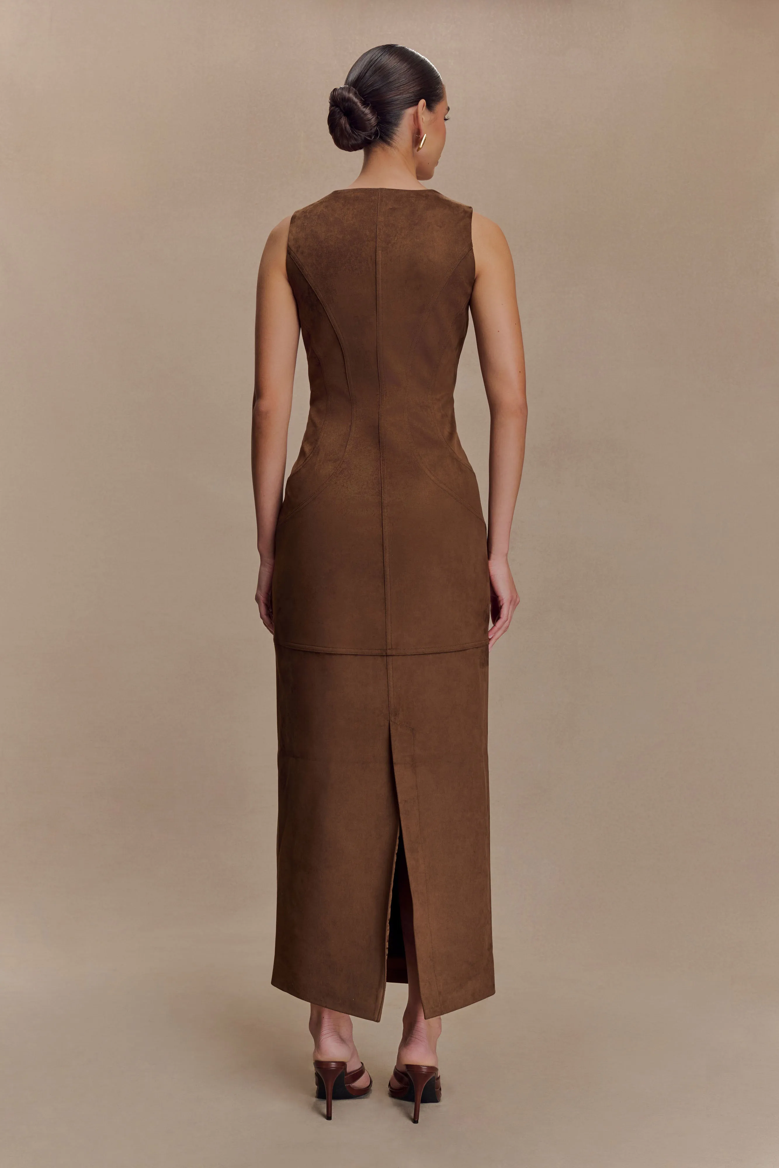 Liam Faux Suede Maxi Dress - Dark Chocolate Piped-Edge