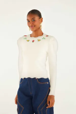 CompressionEnhanced Fit Off-White Flower Embroidery Knit Top